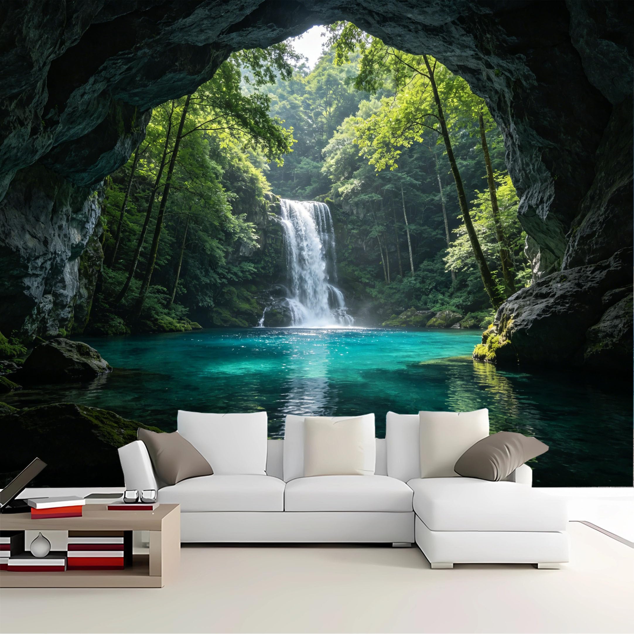 Custom Size Wall Mural Cave View Waterfall Forest Removable Self Adhesive Peel and Stick Wallpaper for Bedroom Living Room Dining Room