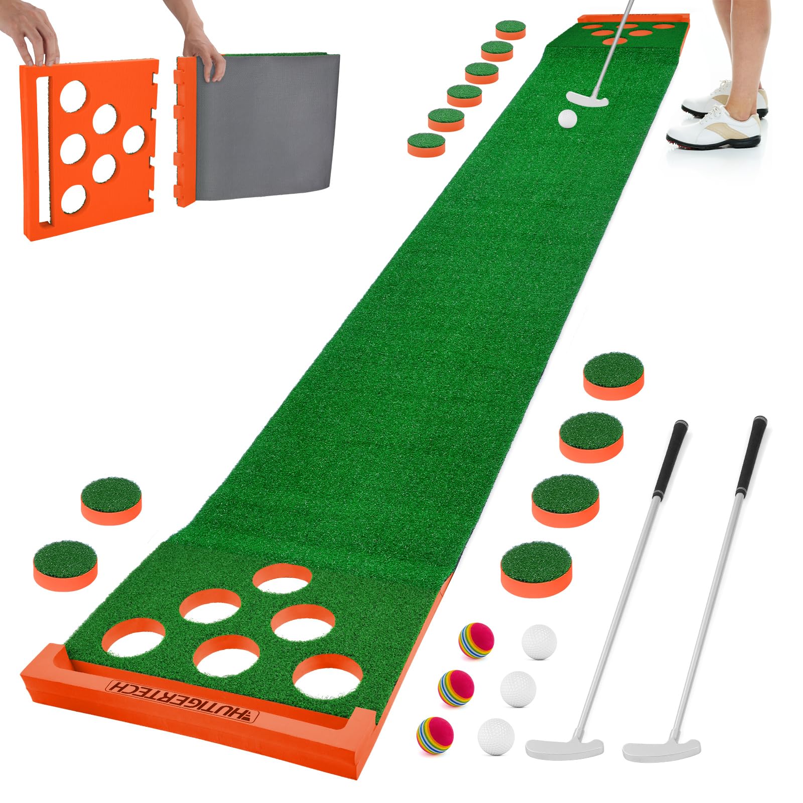 Hutigertech Golf Putting Green Mat with Auto Ball Return, Crystal Velvet Mat and Solid Wood Base, Mini Golf Game Practice Equipment Training Mat Gift for Men Home Office Indoor Outdoor Use
