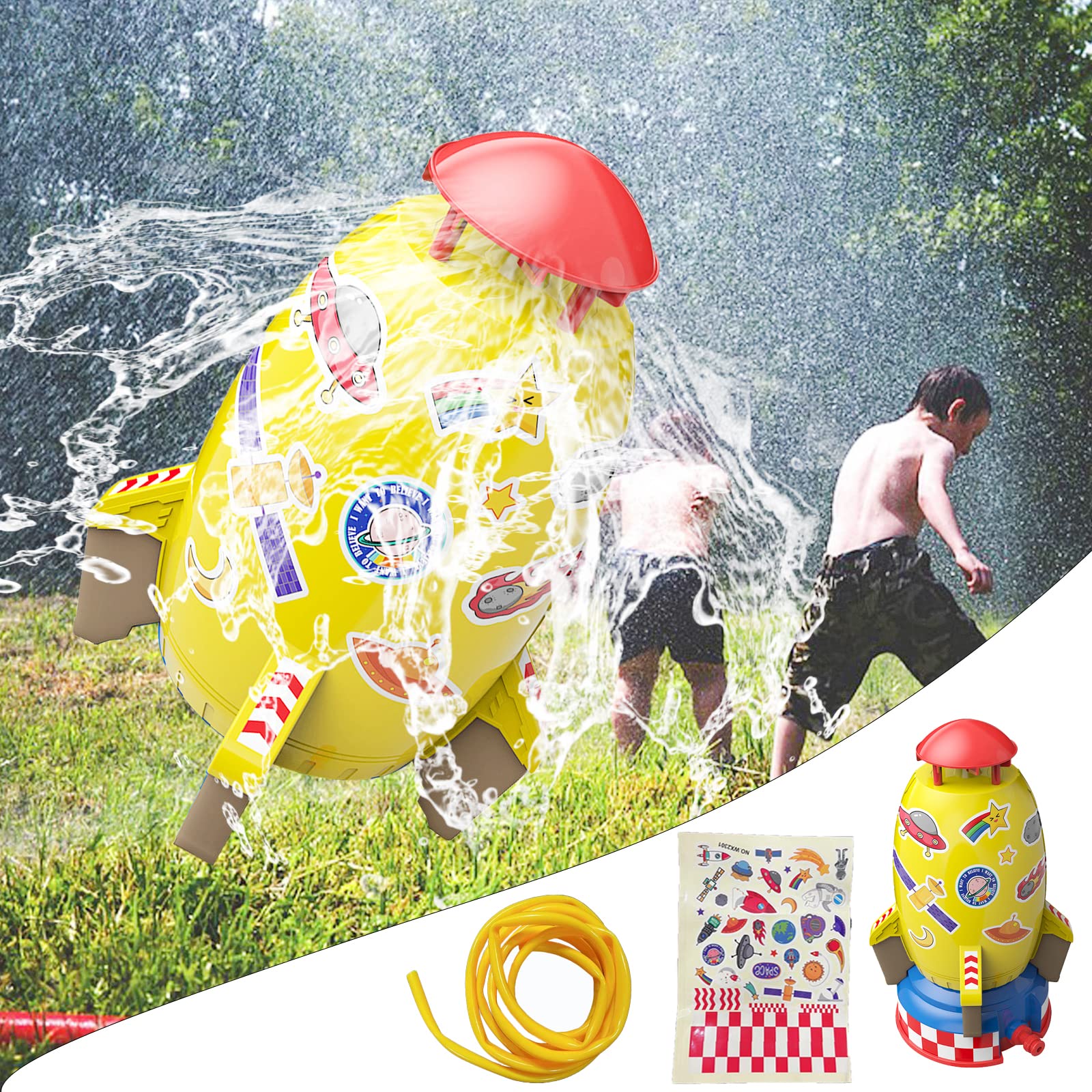 Rocket Toy, Outdoor Yard Sprinkler Toy Rocket Sprinkler Summer Toy | Water Pressure Control Flight Altitude | Water Sprayer Toys for Kids 3 Years and Up (Yellow)