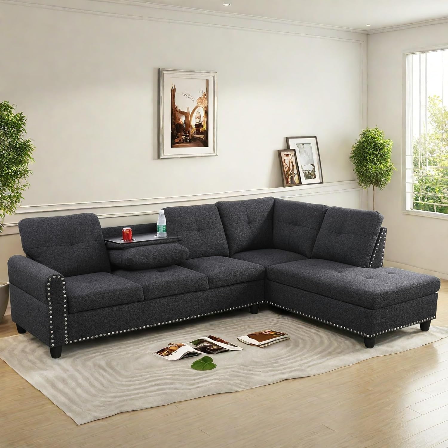 incomplete 2 boxes only) L Shaped Sectional Couch Sofa, Modern Nail-Head Design Sectional Sofa for Living Room, 4 Seat L Couch with Storage Ottoman & Cup Holder for Bedroom Apartment, Dark Grey
