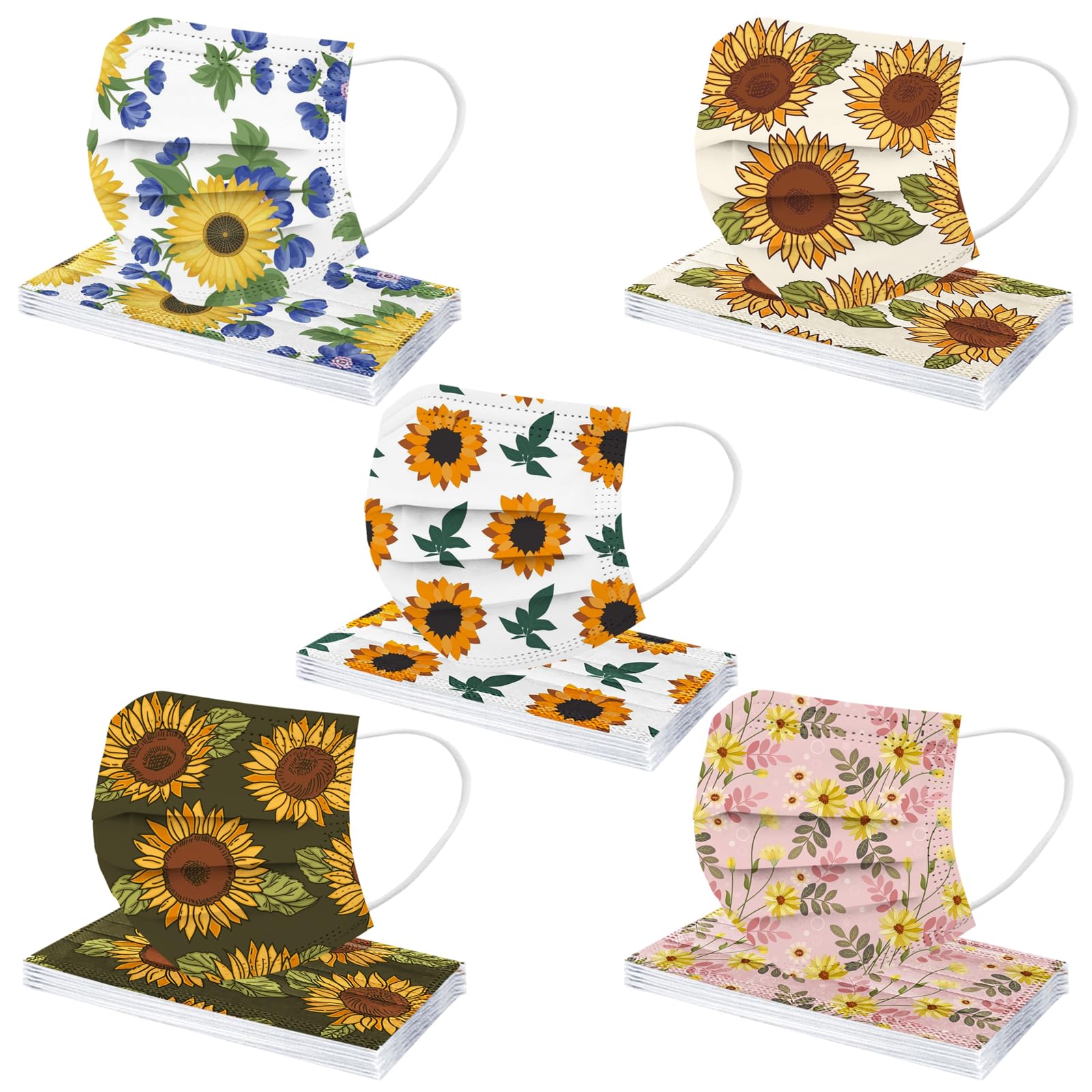 50PCS Sunflower Disposable Face Mask, 3 Ply Breathable Flower Face Masks for Adults Women Full Face Protection (Multicolor)