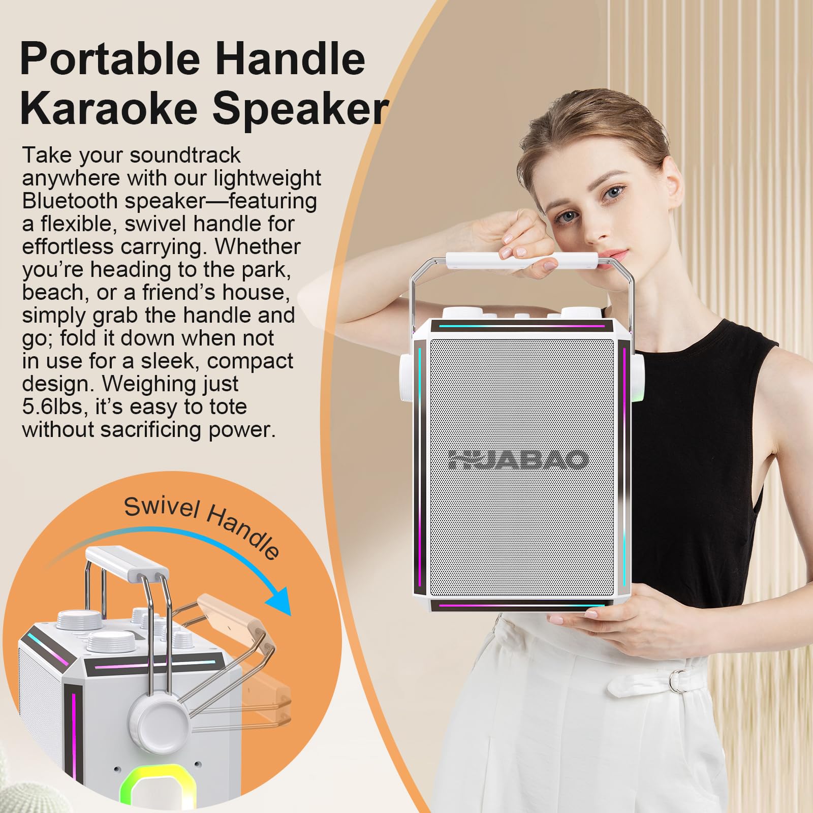 Tragbarer Bluetooth-Karaoke-Lautsprecher mit 2 kabellosen Mikrofonen, RGB-Beleuchtung, Höhen- und Bassregelung, Stimmeffekten, AUX/USB/TF/OTG/6,5-mm-Eingang, Party-Lautsprecher (weiß)