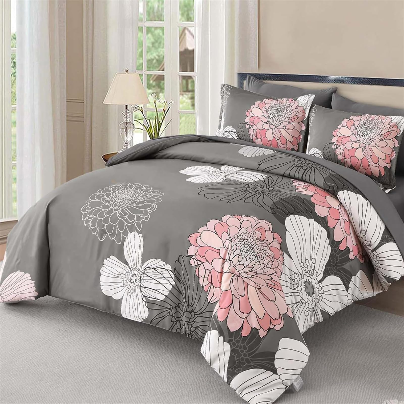 Grey Pink Duvet Cover King Size 3 Pieces Floral Duvet Cover Set for All Season Soft Microfiber Bedding Sets with 2 Pillowcases 220x230 cm
