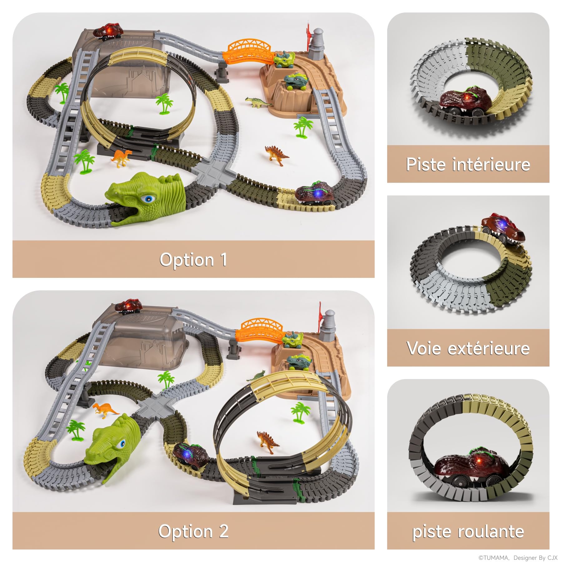 TUMAMA Circuit De Voiture Dinosaure Jouet Pour Enfant 3 5 6 9 Ans, 255 Pièces Dinosaures Électrique Circuit De Course Avec 2 Camions, Jouets Train Track Chantier Set, Flexibles Educatif Véhicules Jeux