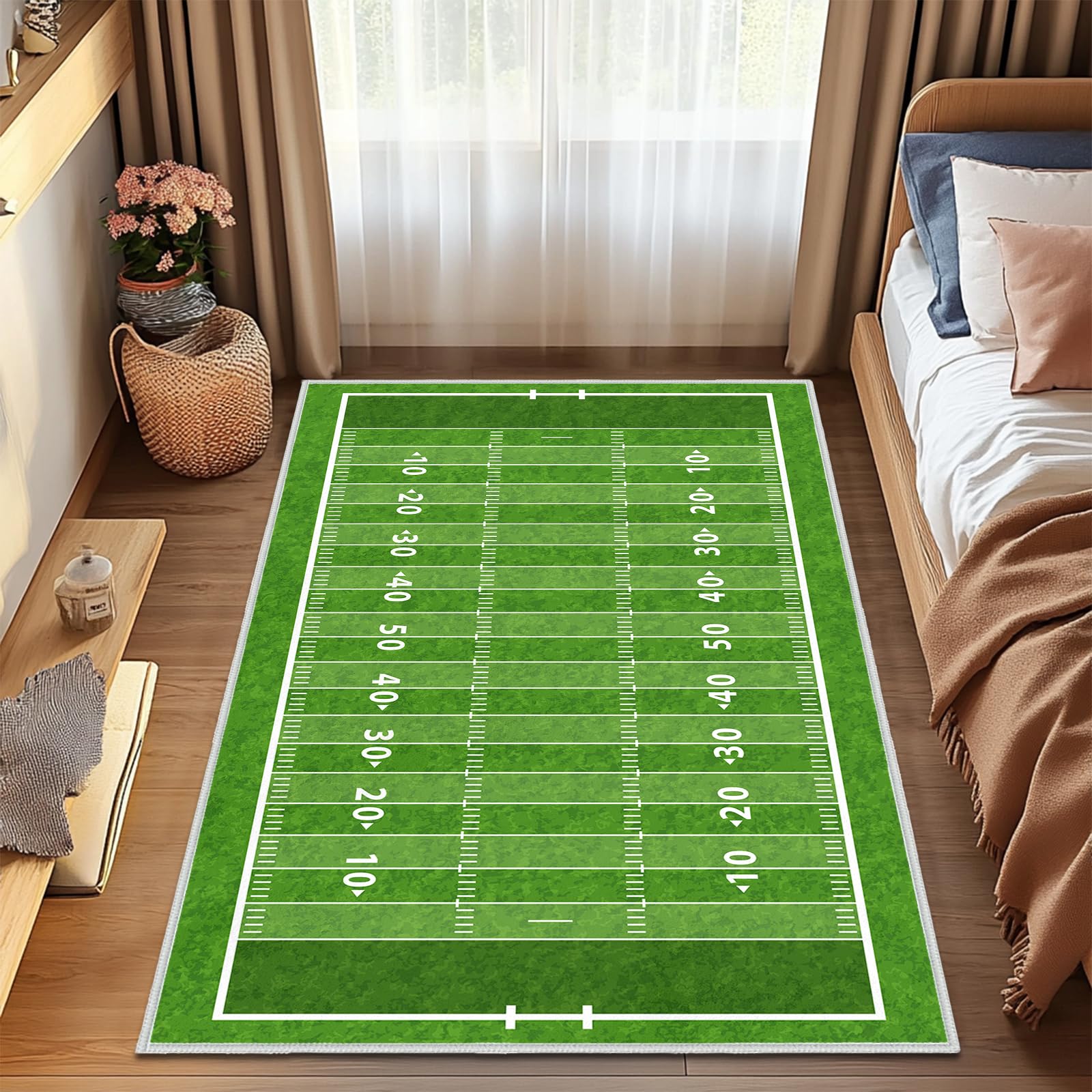 Green Area Rug 4x6,Football Field American Sports Green Lawn Sport Game Team Competition,Ultra-Thin Washable Throw Carpet Indoor Non Slip Accent Floor