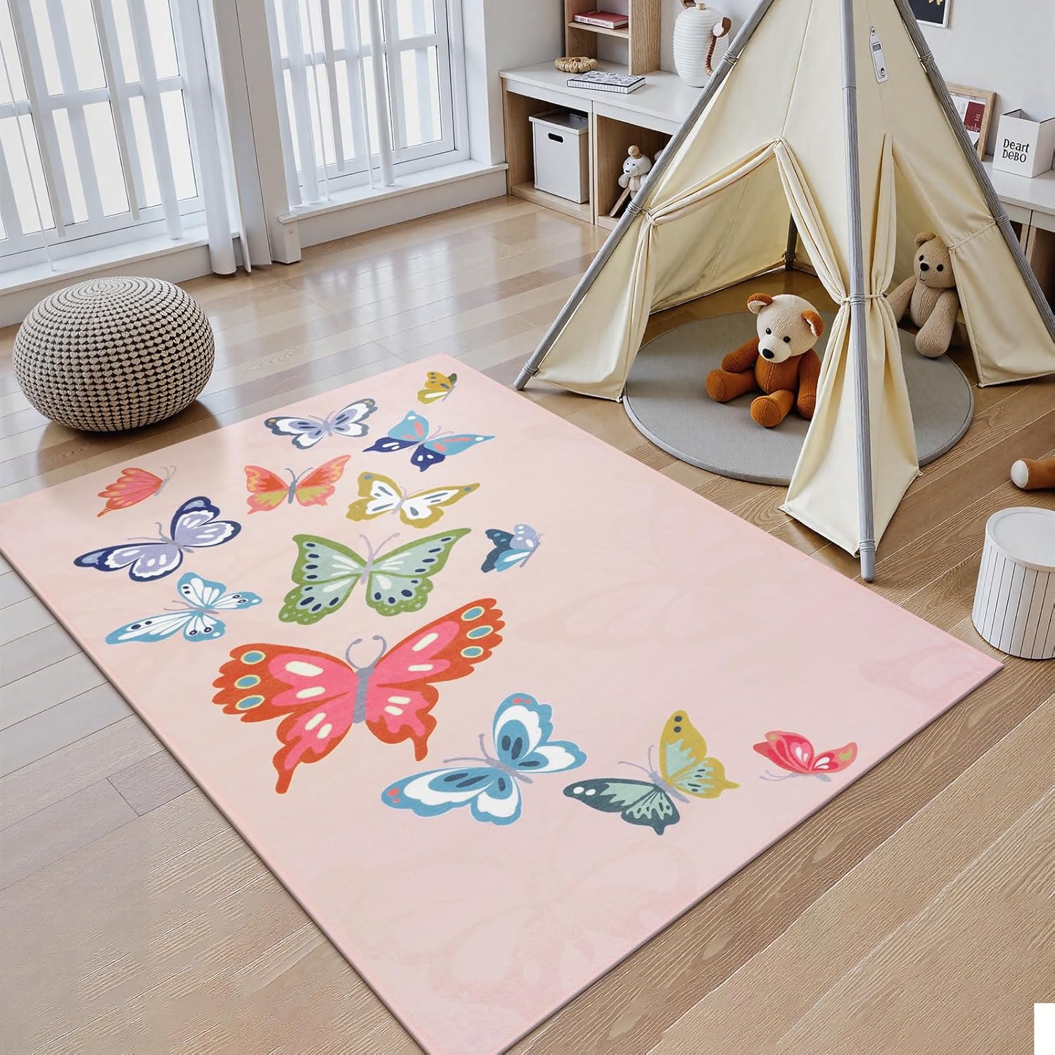 STARUIA Girls Rugs for Bedroom, 4x6 Washable Pink Kids Rugs for Playroom Nursery, Non Slip Soft Butterfly Area Rug, Baby Carpet for Kids Room Daycare Tent Dorm Castle Indoor Decor