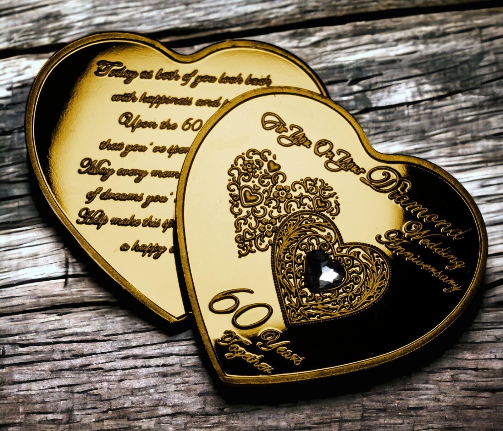 The Commemorative Coin Company 60th DIAMOND WEDDING ANNIVERSARY Heart Shaped Commemorative. Diamante Gemstone. Gift/Present. Gold Husband/Wife 60 Years Partner/Gift/Present/Token