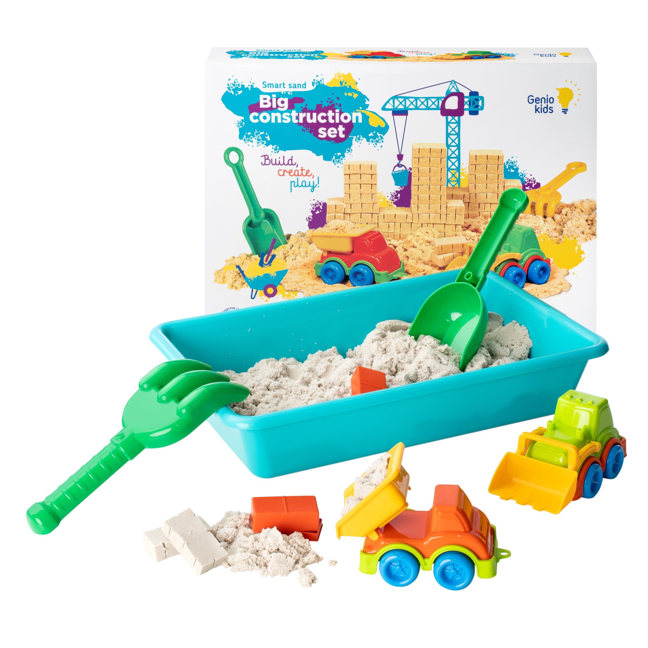 GENIO KIDS Zestaw Magicznego Piasku 1 kg, Magiczny Piasek do Budowy z Akcesoriami, Nietoksyczny Magiczny Piasek dla Dzieci 3 4 5 6 7 8 Lat