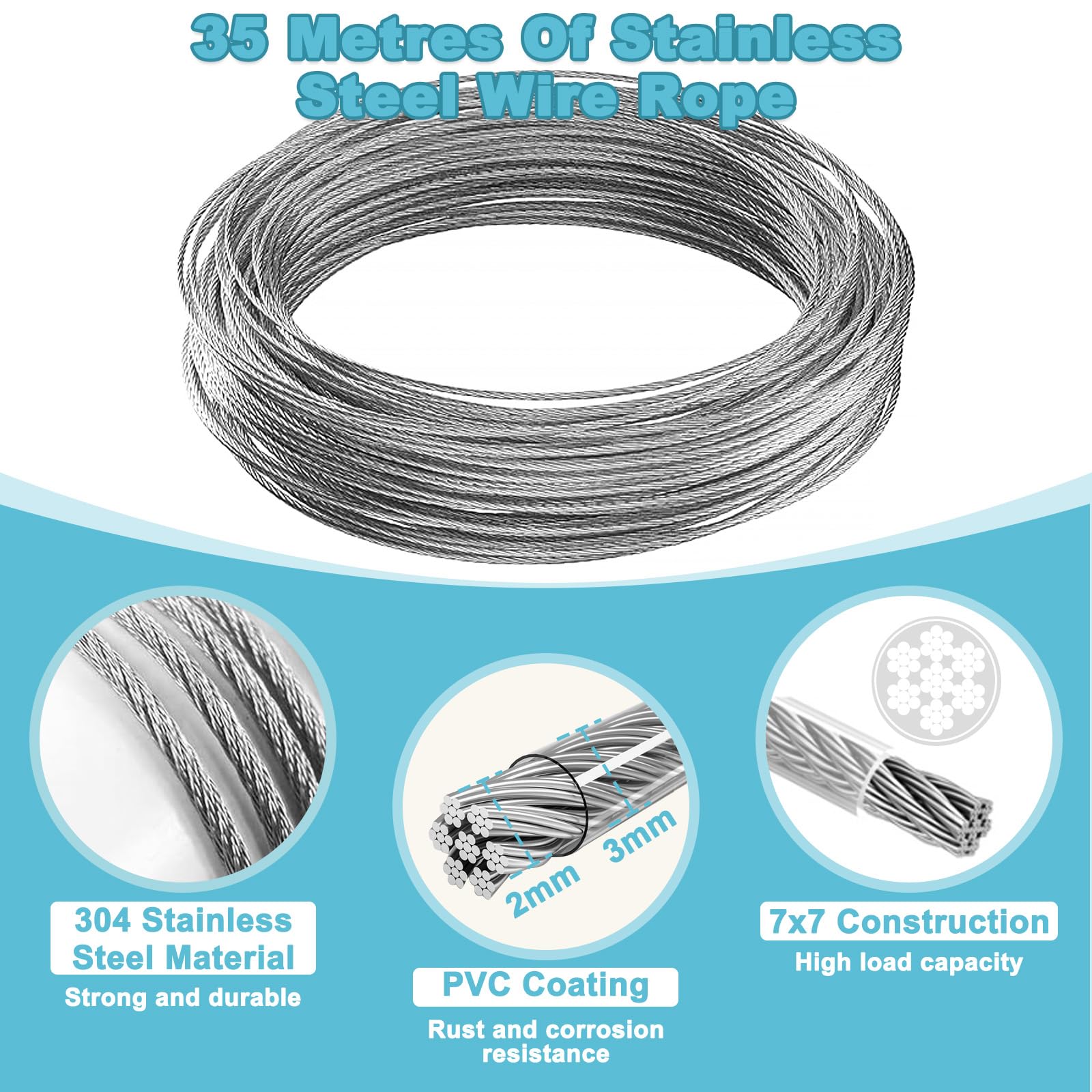 Cavo In Acciaio Inossidabile 304 Con Rivestimento In Vinile - 5 Metri (16 Piedi), Spessore 1,2 Mm, Con 2 Maniche In Alluminio