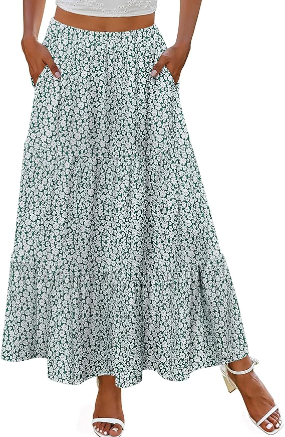 Zeagoo Skirts for Women Summer Boho Casual Maxi Flowy Elastic High Waist A-Line Tiered Swing Floral Long Skirts with Pockets