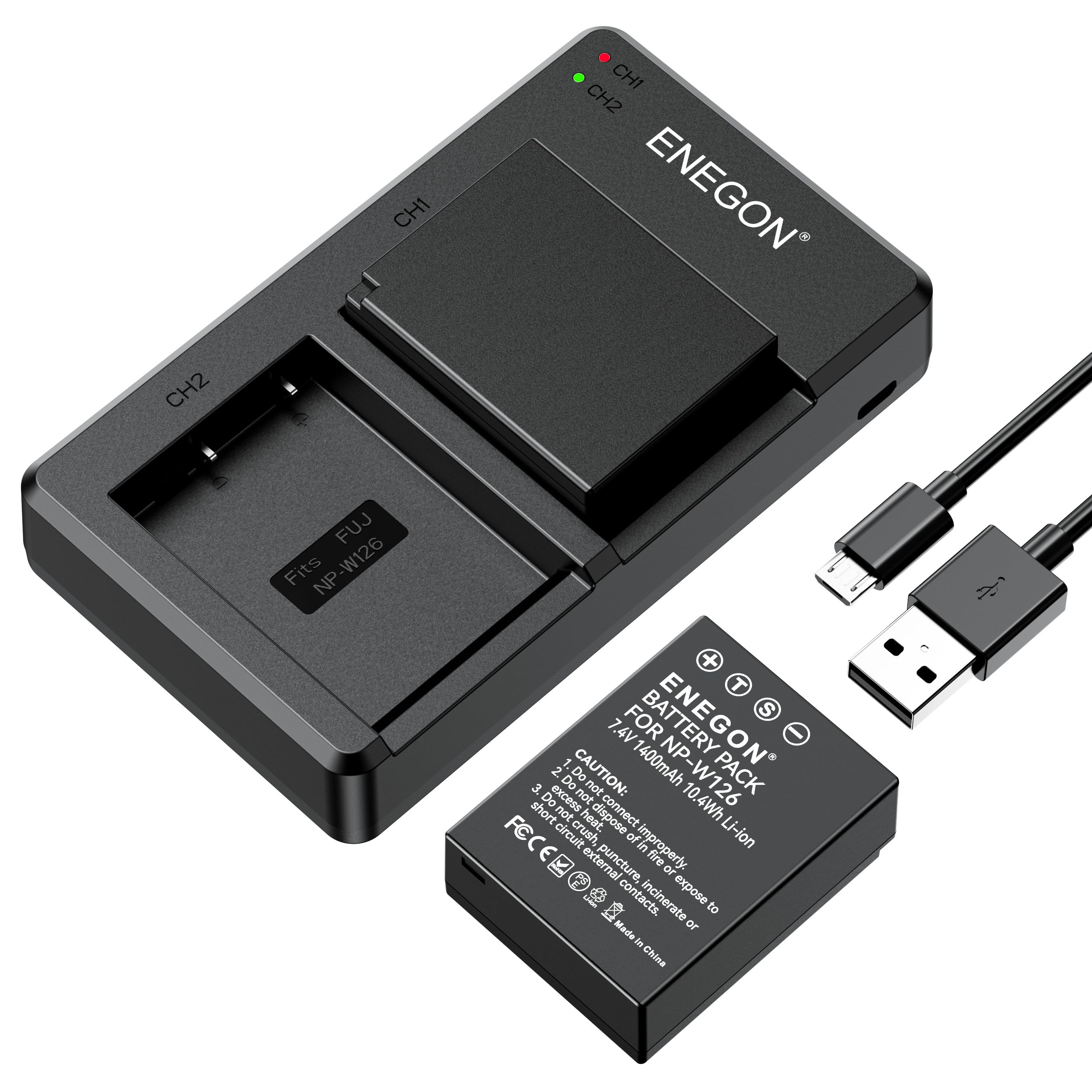 ENEGON Batteries NP-W126S/NP-W126 (2 unités) pour Fujifilm XT30III, XM5, X100V, X100VI, X-T1/T3/T100, X-A1, X-E1, X-E2, X-E3, X-M1, X-Pro1, HS30EXR, HS35EXR, HS50EXR, avec Chargeur USB Double