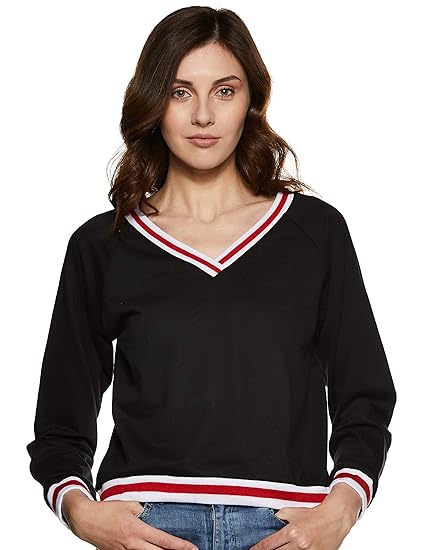 Women's Black V-Neck Full Sleeves Solid Ribbed Twill Tape Detailing Boxy Sweatshirt