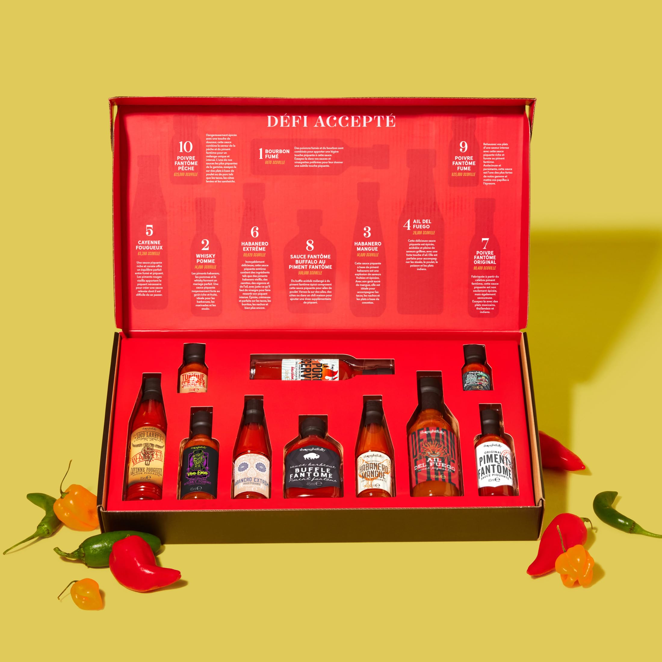 Thoughtfully Hot Sauce Challenge – Coffret 10 Sauces Piquantes de Douce à Extrême – Échelle de Scoville – Idée Cadeau Homme, Mari, Père – Anniversaire, Fête des Pères