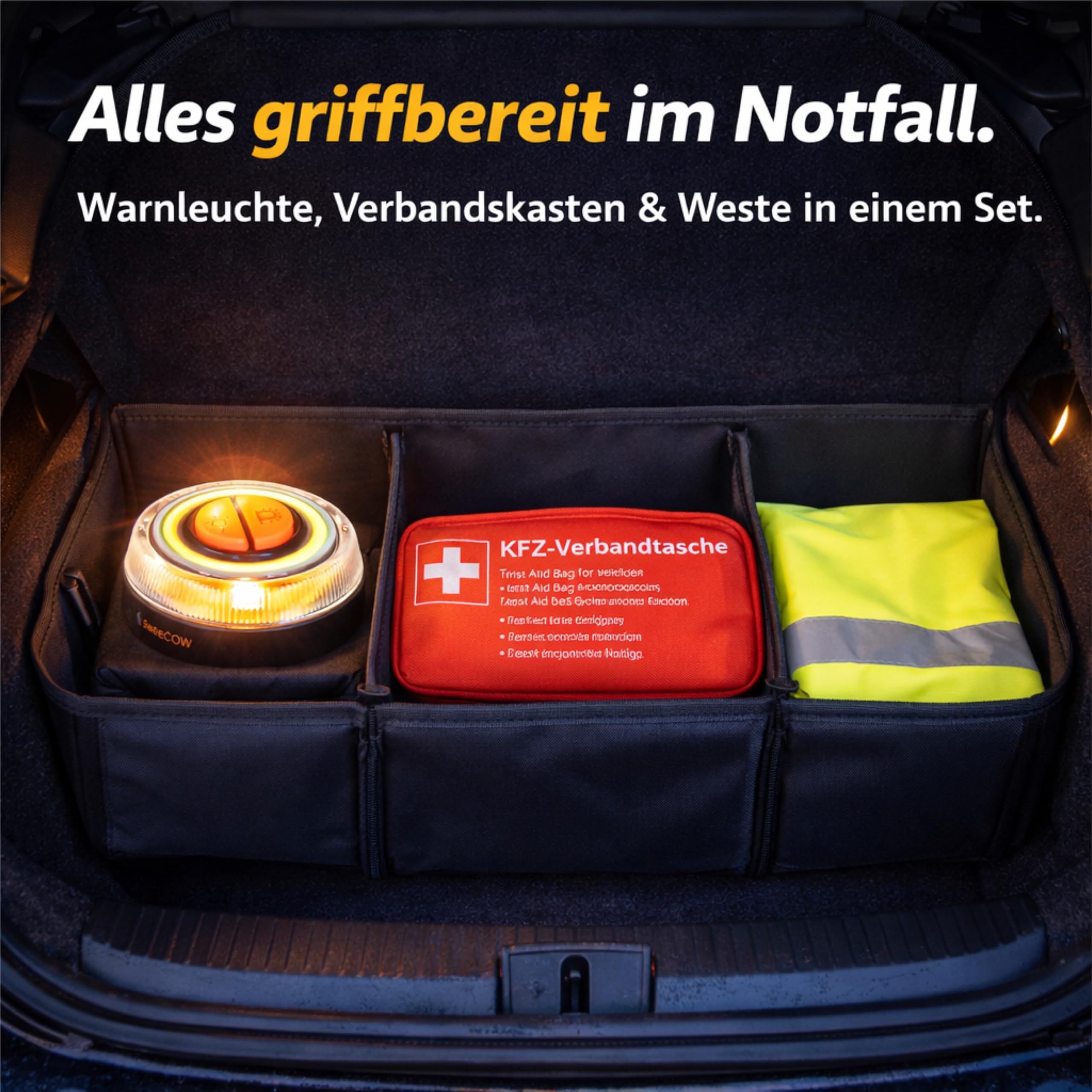 3 in 1 Auto & PKW Erste-Hilfe-Kit 2026 EN ISO 20471 V16 Warnleuchte Verbandskasten Warnweste Pannenset