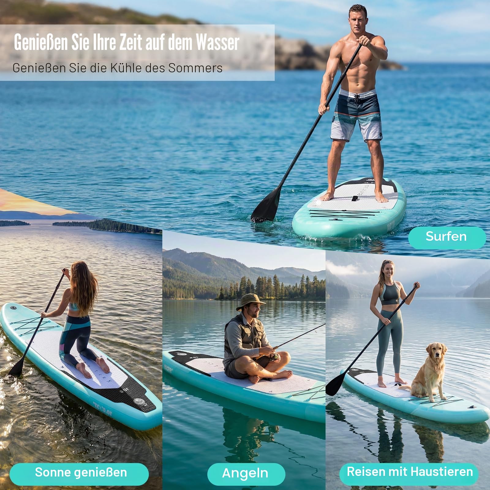Inflatable Stand Up Paddle Board 320cm,SUP Board Set mit Zubehör, UV-beständig, hohe Stabilität bis 200kg, mit Pumpe, Rucksack & Paddel, für Anfänger & Fortgeschrittene
