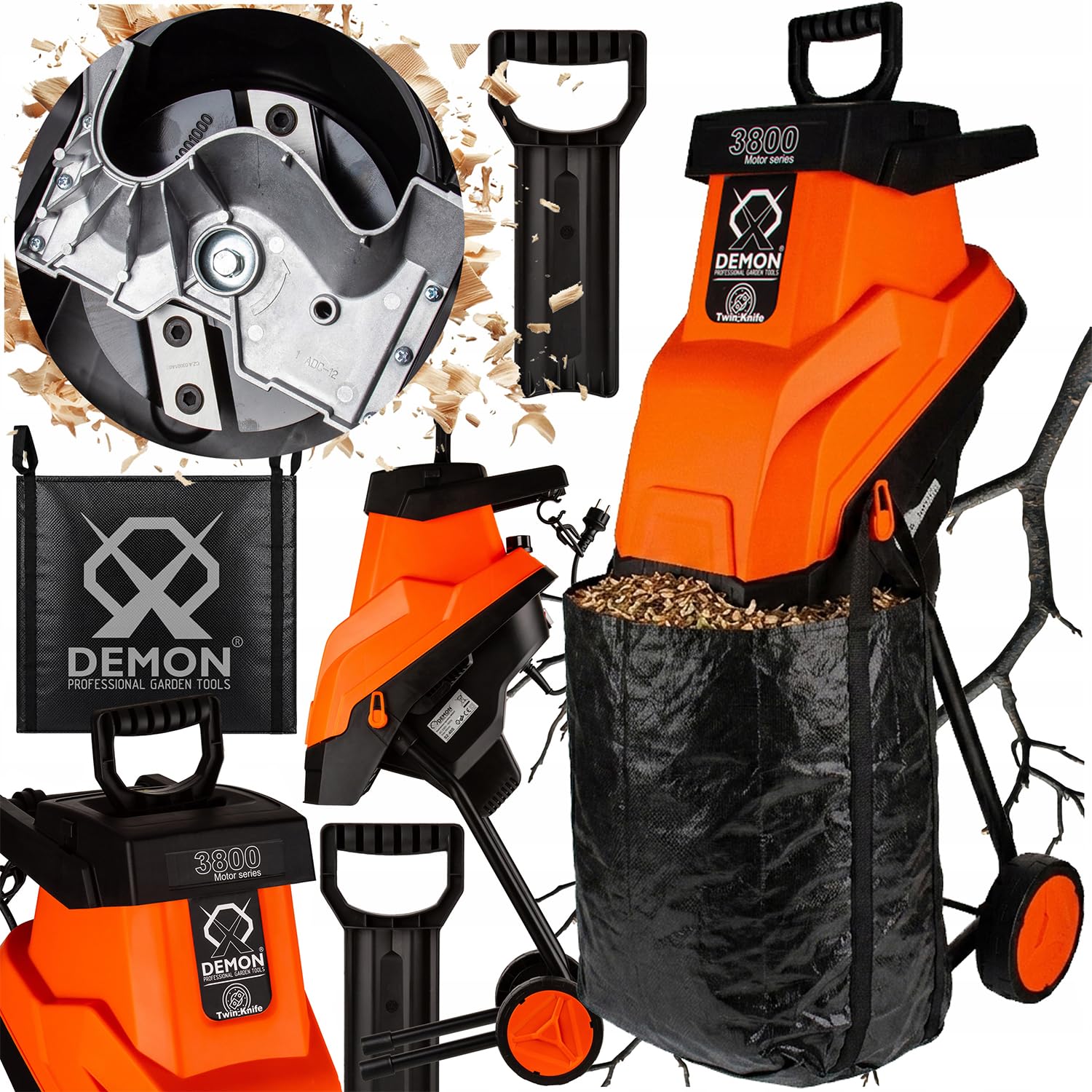 Trituratore per rami da giardino, 3,8kW, 2500 giri/min, diametro massimo rami 40mm, sacco 45 litri, interruttore di sicurezza