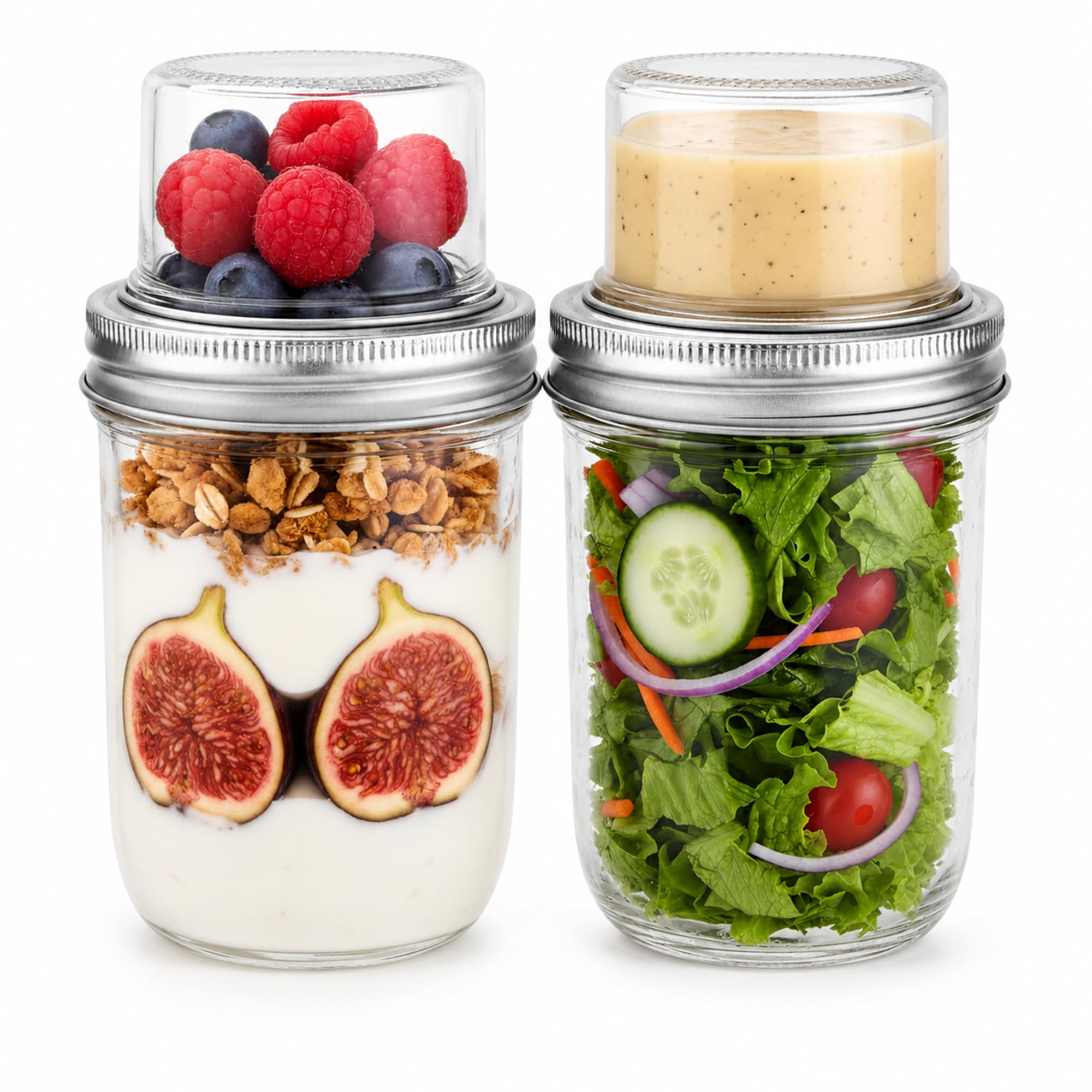 VITEVER Overnight Oats Gläser 2er Set, 480 ml + 120 ml Müslibecher to go mit Deckel, Joghurtbecher Glas mit Topping-Fach, auslaufsicherer Meal Prep Behälter für Müsli, Porridge, Salat