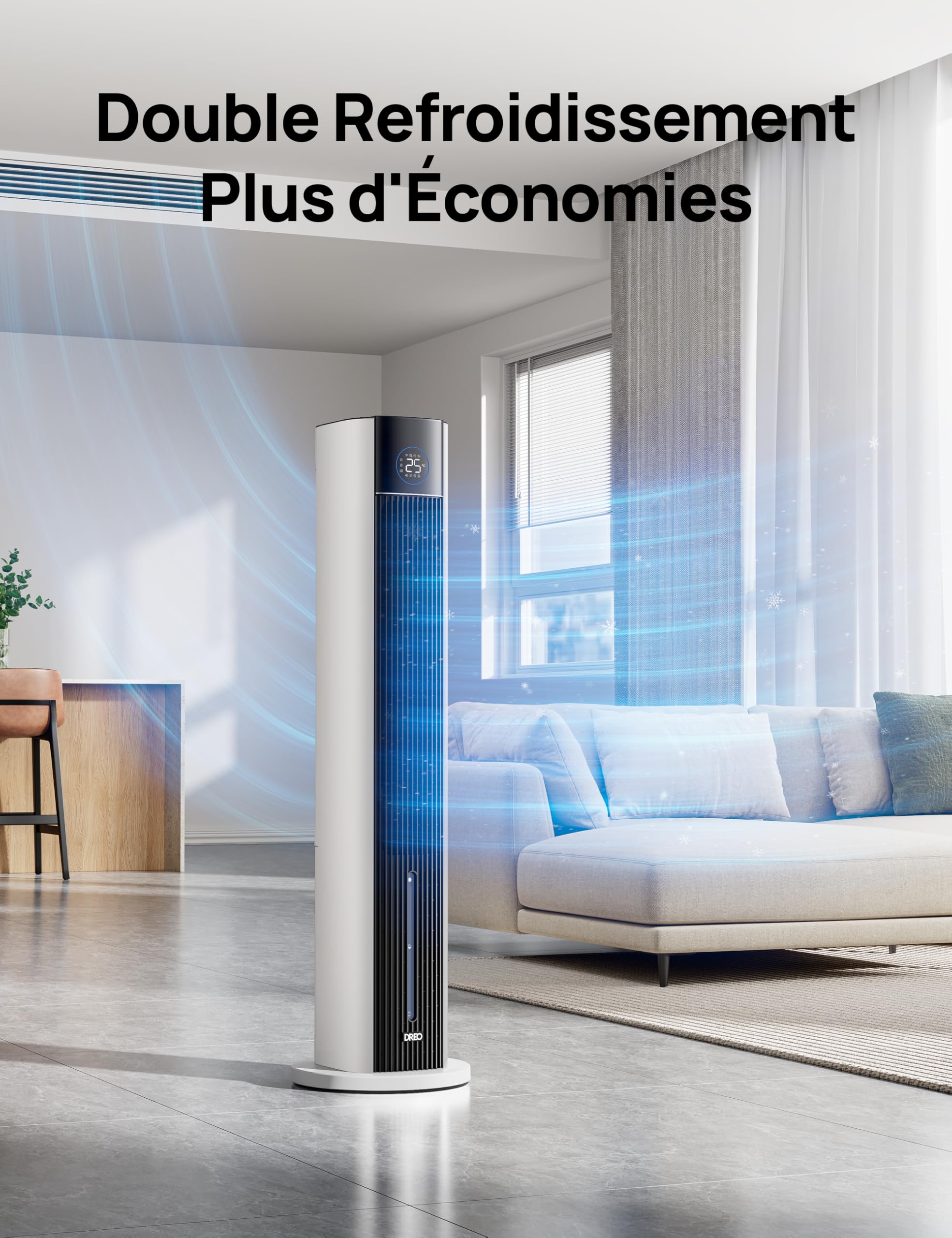 DREO Ventilateur Tour avec refroidissement par eau, rafraîchisseur 110 cm, silencieux, 4 vitesses, 4 modes, évaporatif, contrôle app, bloc de glace, oscillation 80°, minuterie 12 h, blanc