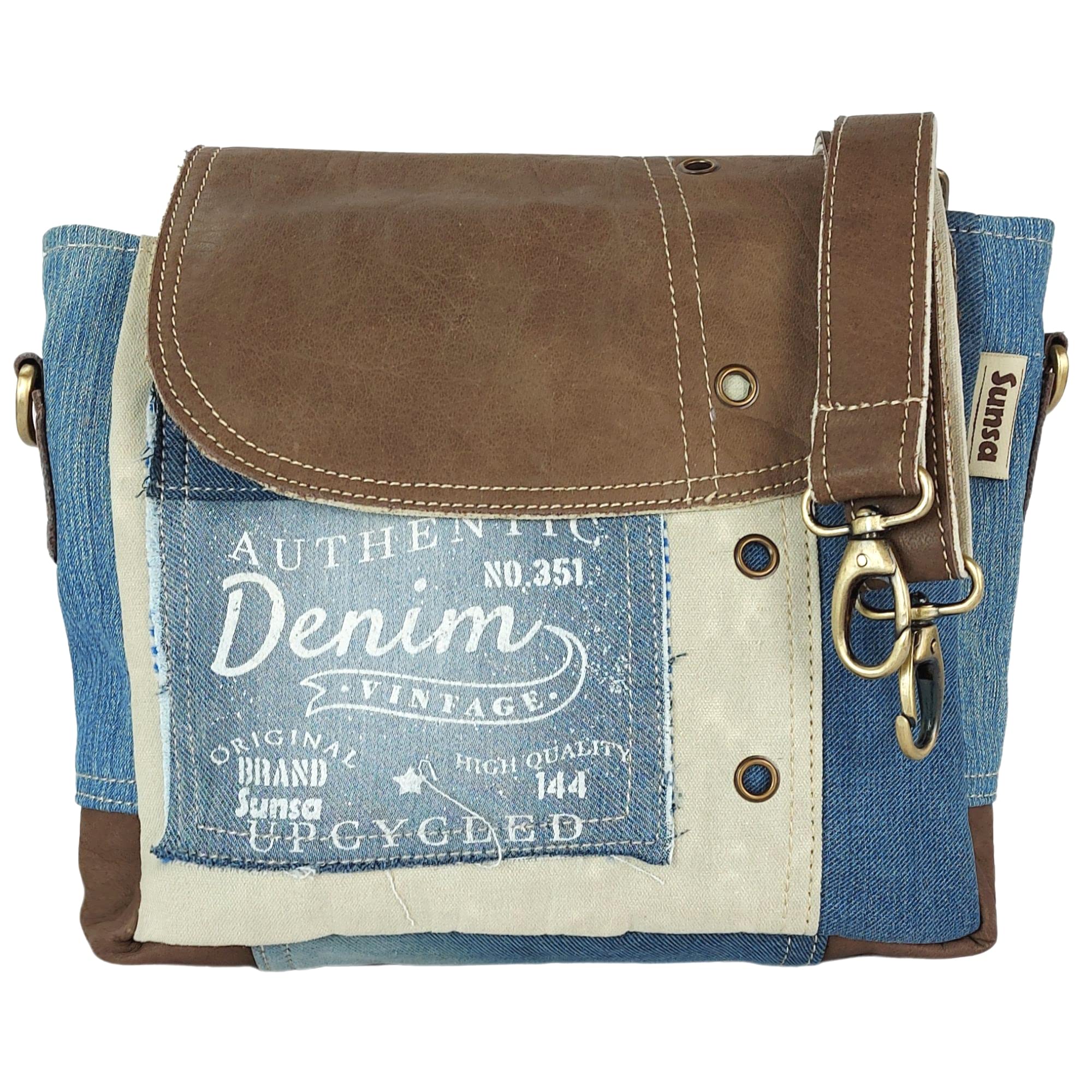 Sunsa Damen Umhängetasche. kleine Messenger Tasche aus Canvas recycelte Jeans & Leder. Nachhaltige Vintage Crossover Bag mit Lederklappe. Handtasche als Geschenkideen für Frauen