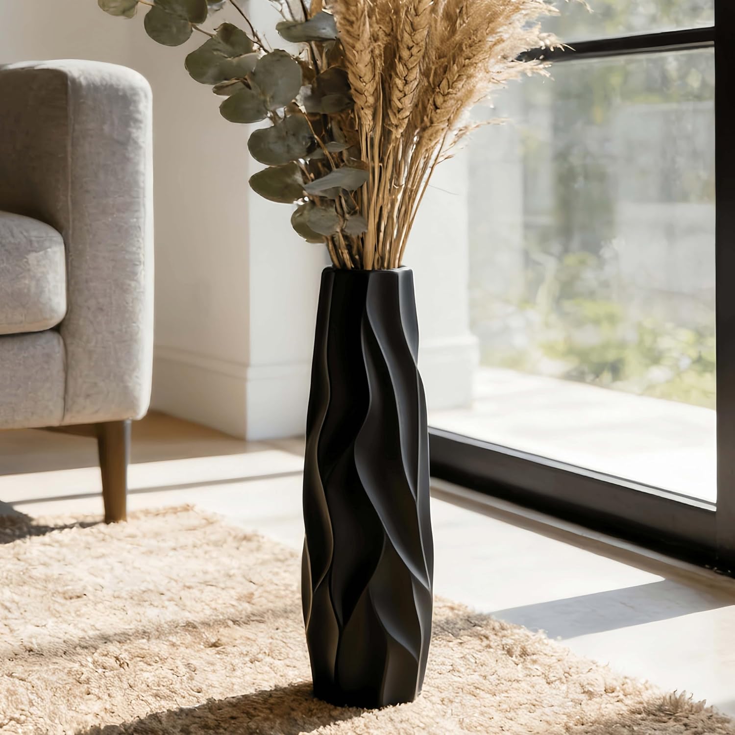 Extra Large Black Floor Vase – 15.7" Modern Decorative Ceramic Vase for Living Room Corner, Hallway or Entryway Home Decor