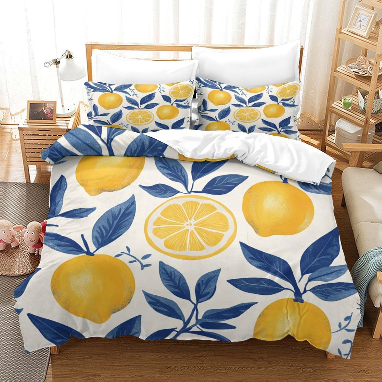 P1s9u7w5y Lemon-1 3D Printed Lemon Fresh Leaf Duvet Cover Set 3Pcs Microfiber Lemon Botanical Bedding Set Super King（260X220cm）