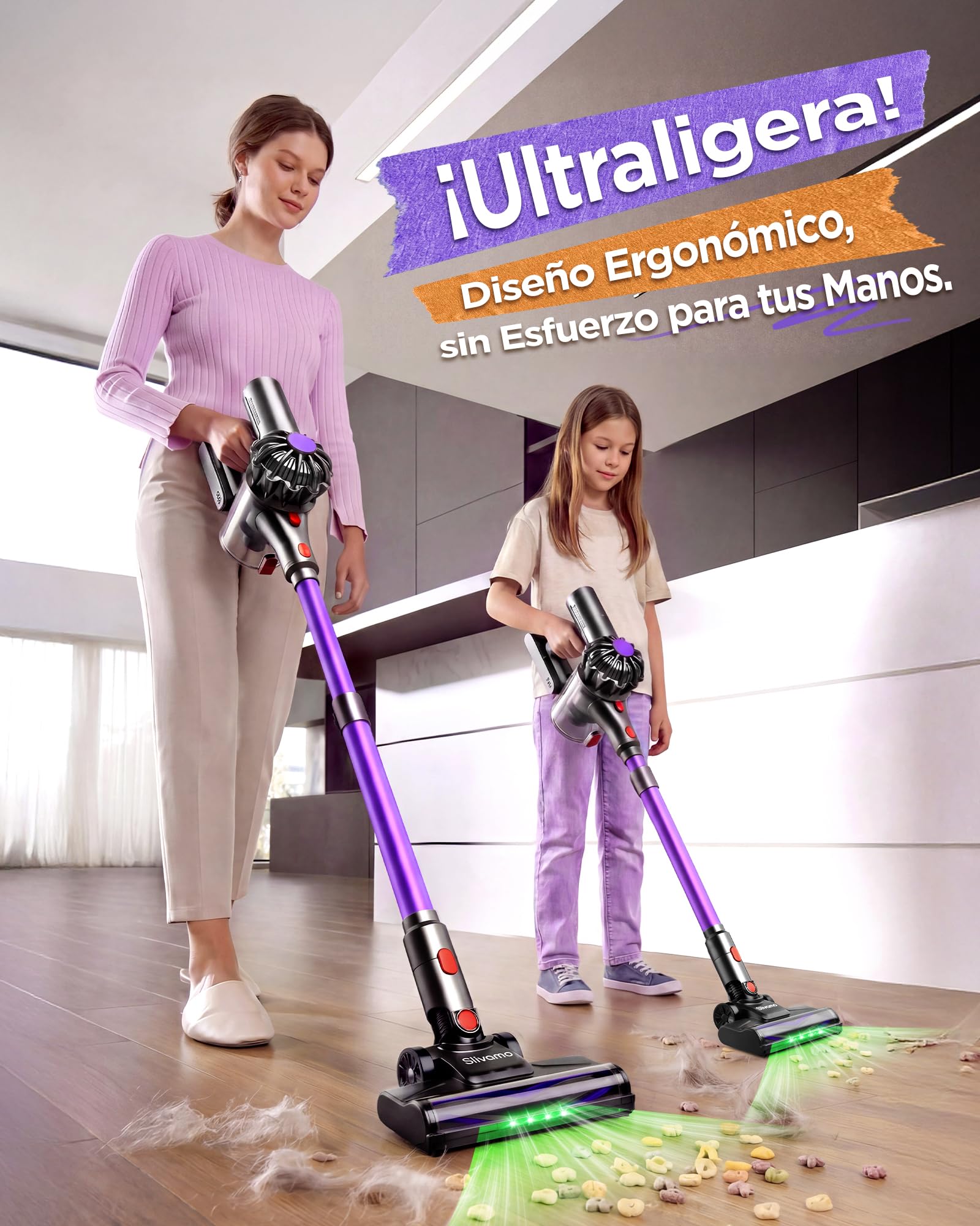 S16 Aspiradora sin Cable, 50kPa/600W/45min, Batería Extraíble, Aspiradora de Mano Ligera con Luz LED Verde, Aspiradora Escoba Inalámbrica para Pelo de Mascota/Suelo Duro, Violeta