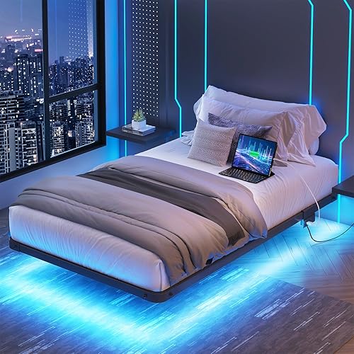 YGEOMER Marco de cama flotante de tamaño individual con estación de carga, marcos de cama modernos de plataforma de metal con luz LED, fácil