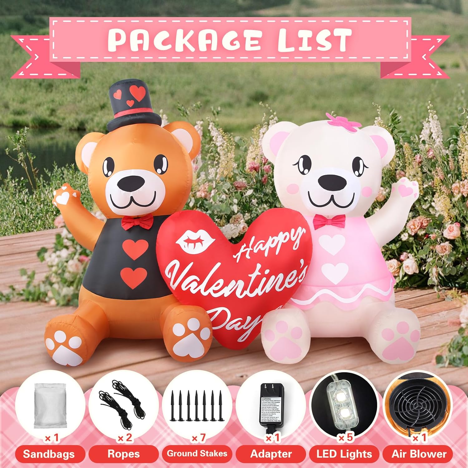 LETIME 5.6 FT Long Inflatable Valentines Day Decorations LED Lighted Blow up Bear Couples with Love Heart Romantic Valentines Inflatables Outdoor Yard Décor for Party Anniversary Wedding Propose