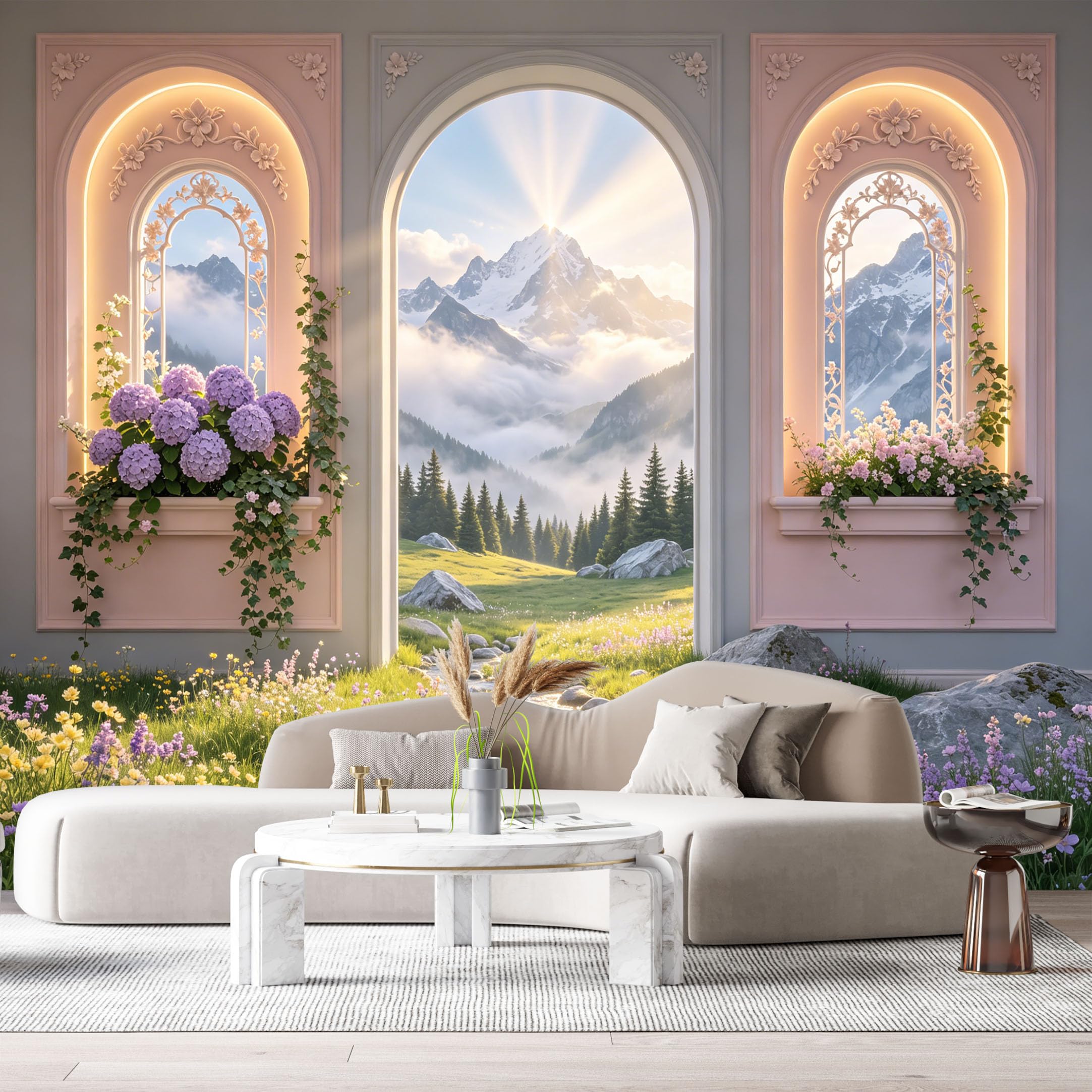 Custom Size Wall Murals Neoclassical Arch Mountain Lake Landscape 3D Trompe L'Oeil Flowers SelfAdhesive Wall Fabric Removable Large Wallpaper for Photo Living Room