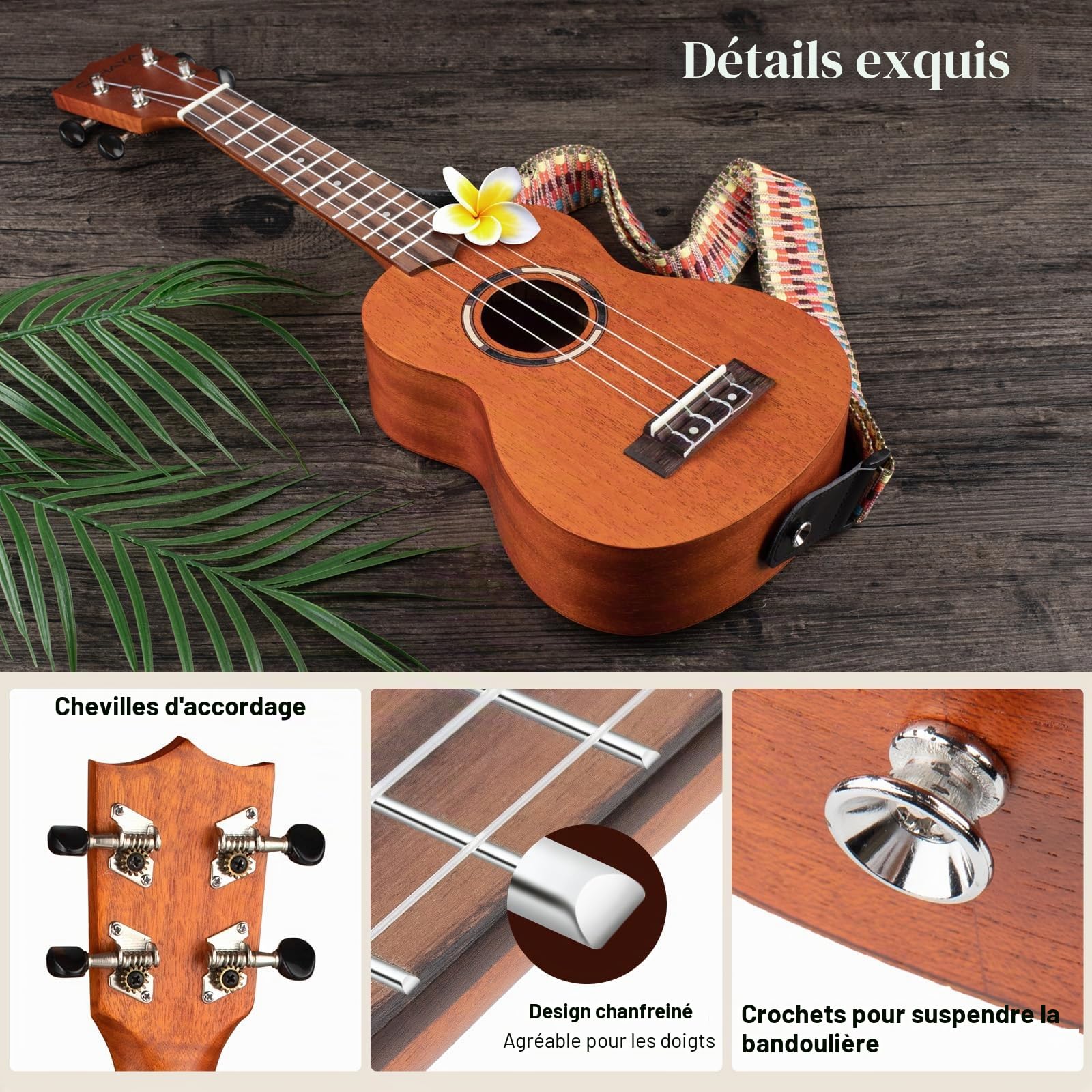 CAHAYA Ensemble de ukulélé soprano de 58 cm : ukulélé à 4 cordes en acajou avec sac, sangle et autocollants - Convient pour débutants, enfants, adultes CY0336