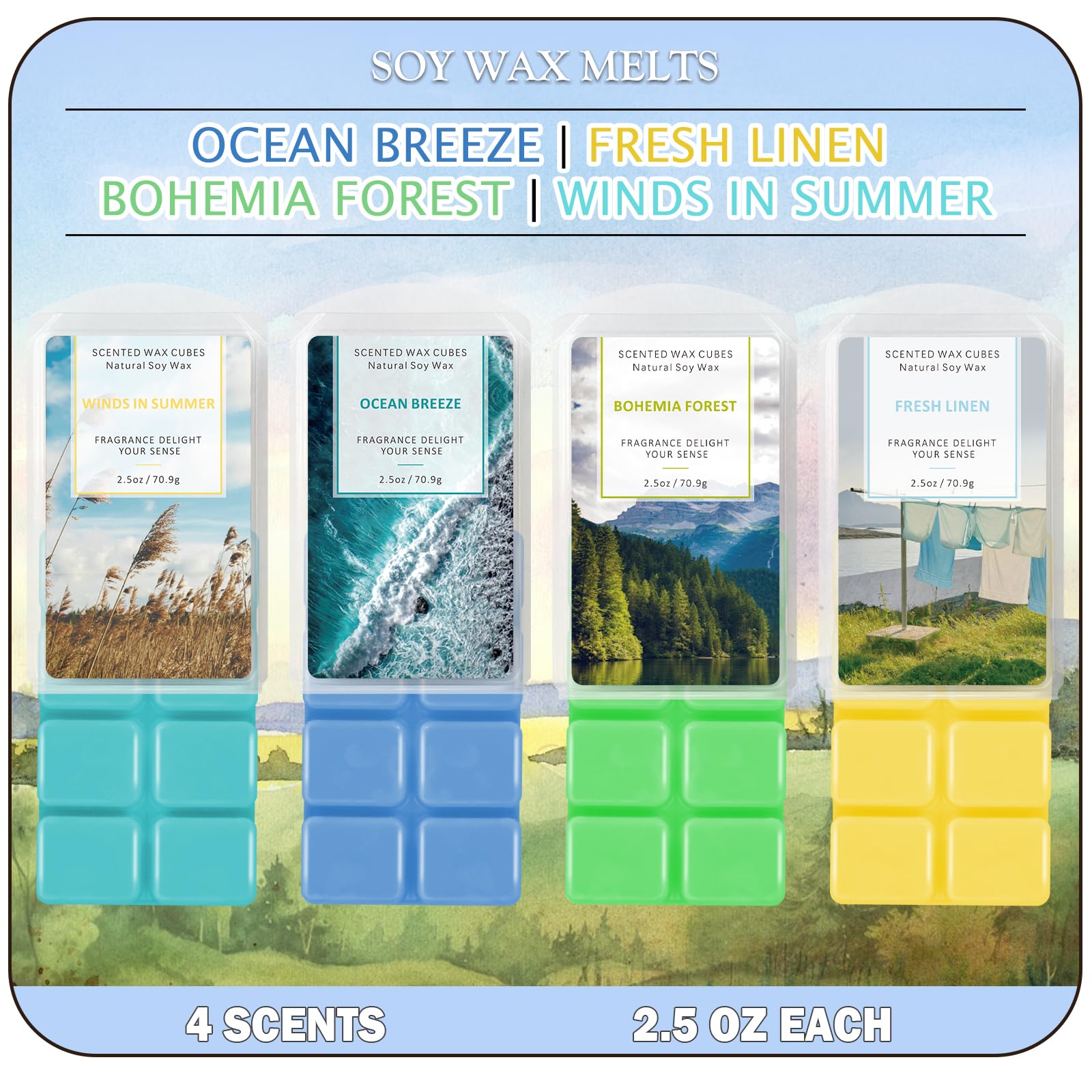 SCENTORINI Wax Melts, Wax Cubes, Soy Wax Cubes for Wax Warmer, Ocean Breeze, Fresh Linen, Bohemia Forest, Winds in Summer, 4 x 2.5oz for Christmas