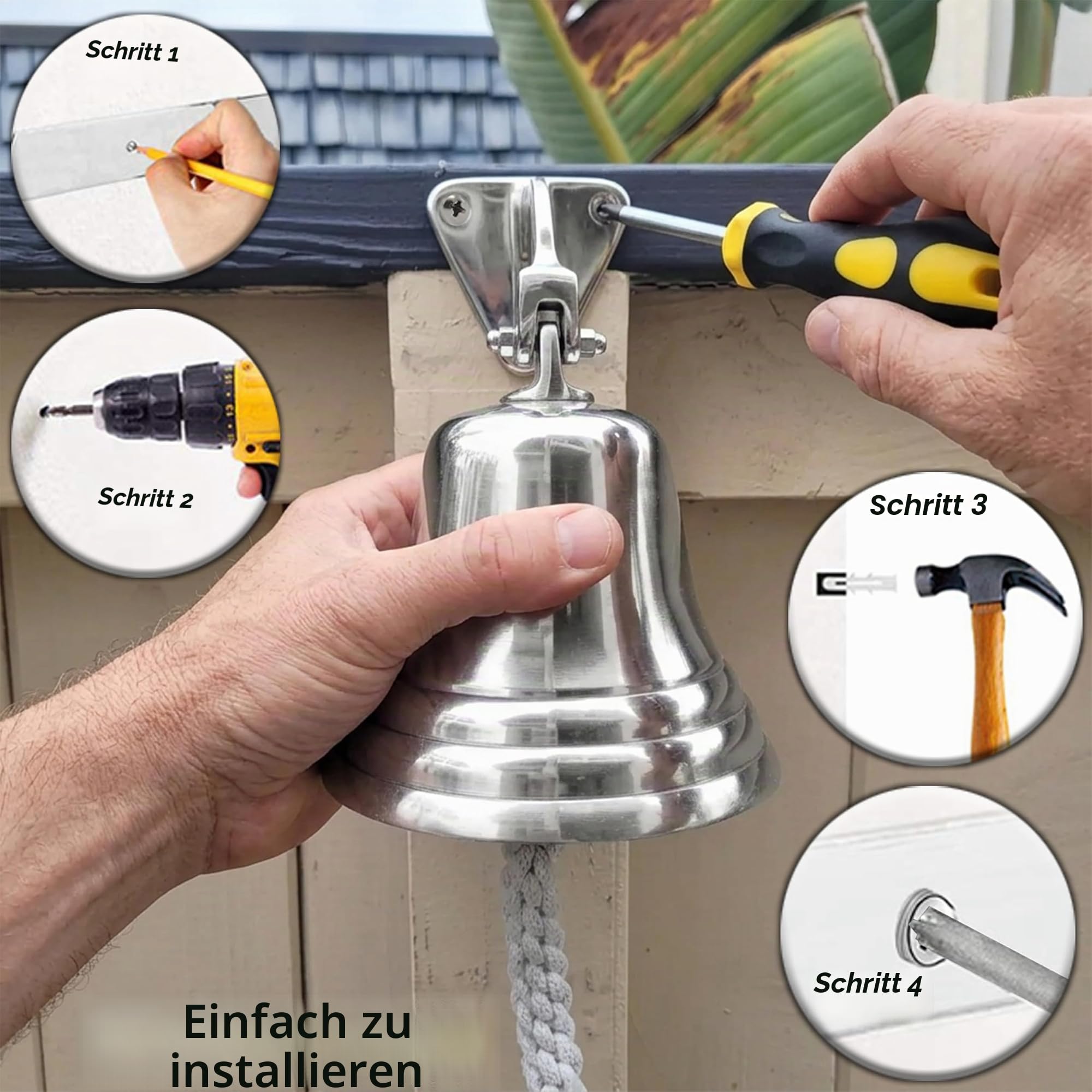 ARSUK Schiffsglocke 5 Zoll - Wandglocke aus Aluminium mit Seil - Laut & Klar - Vintage Glocke zum Aufhängen für Tür, Garten, Boot, Spielhaus oder Bar - Maritime Deko