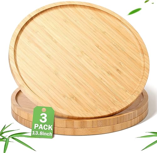 Miniatura 8 de 3 bandejas de bambú redondas de bambú, platos redondos de madera, platos de madera para servir charcutería con borde para encimera de cocina, mesa