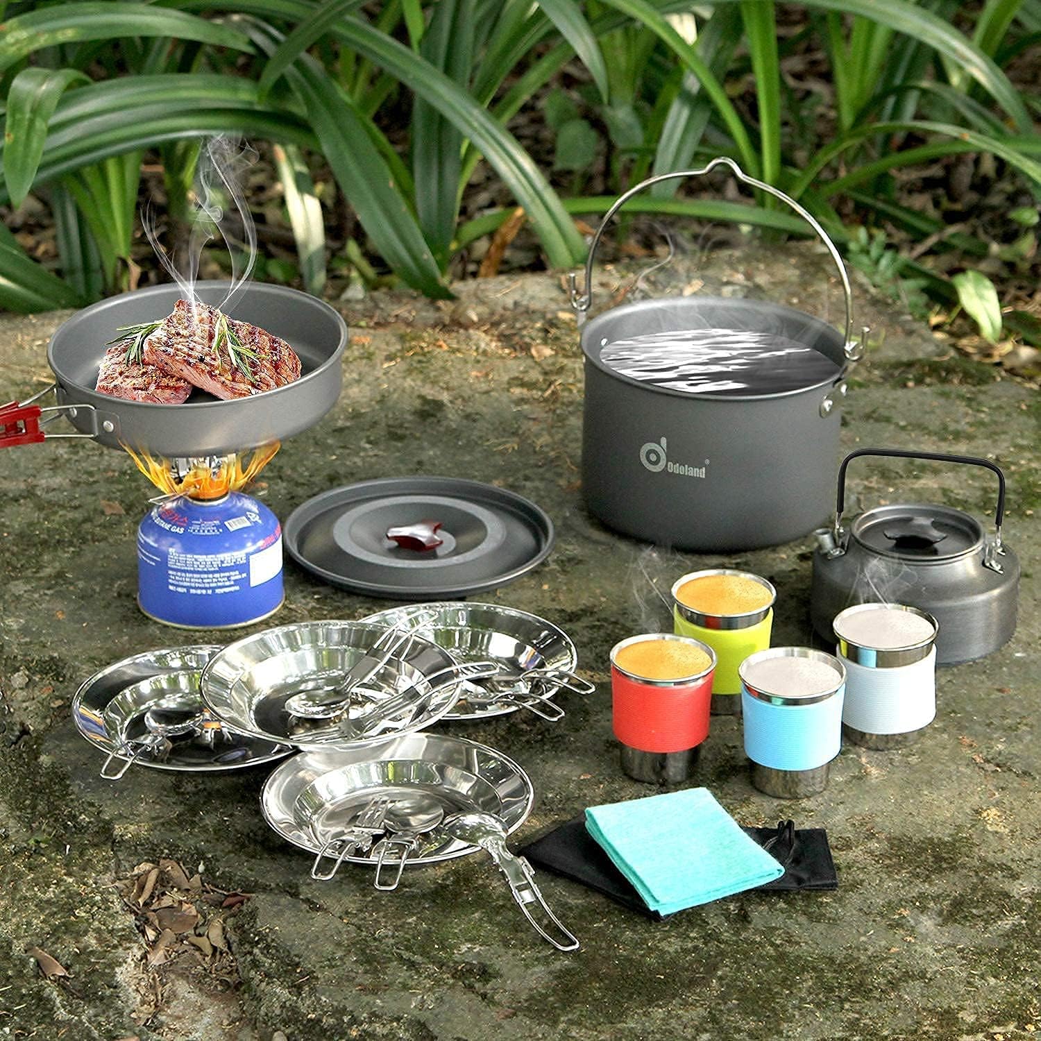 Odoland Bundle – 2 Items 22pcs Camping Cookware Mess Kit and Folding Campfire Grill for Outdoor Backpacking Hiking BBQ