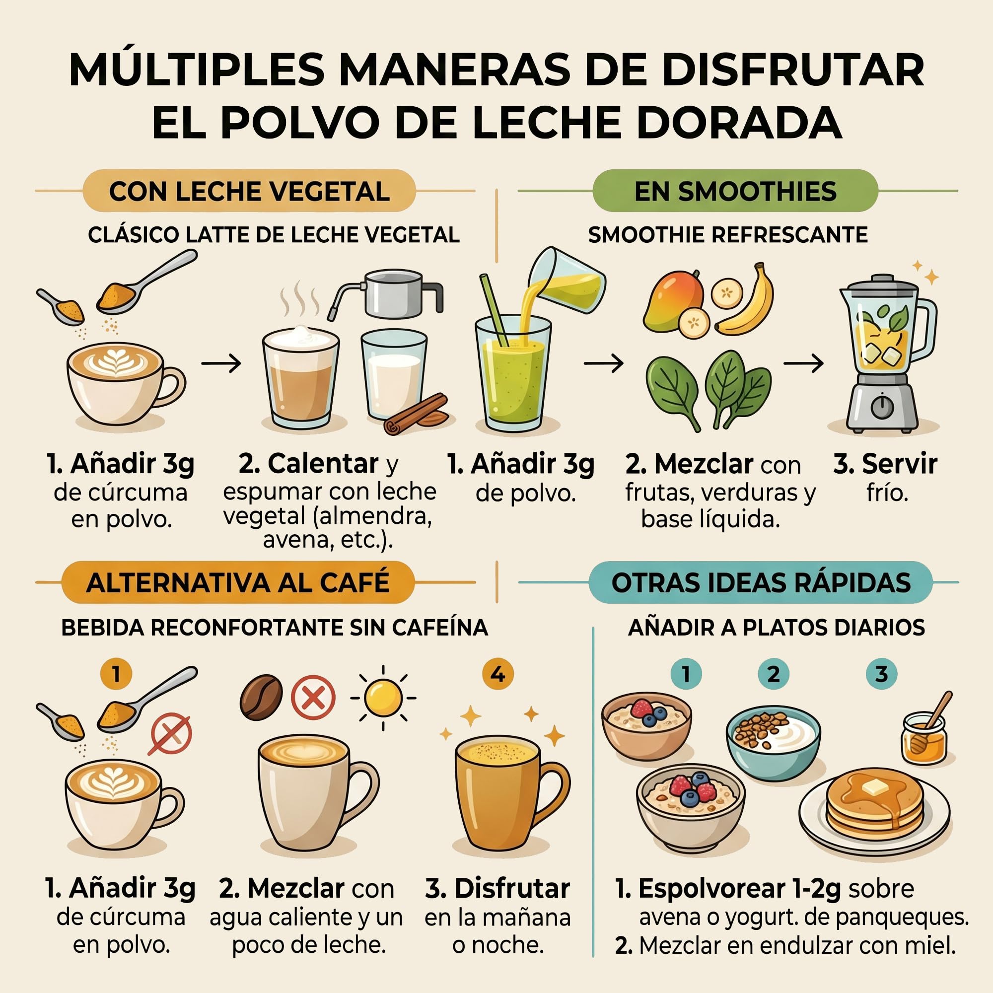 Olixir Leche Dorada Golden Milk - Cúrcuma Latte Vegano en Polvo con Jengibre y Pimienta Negra - 250g