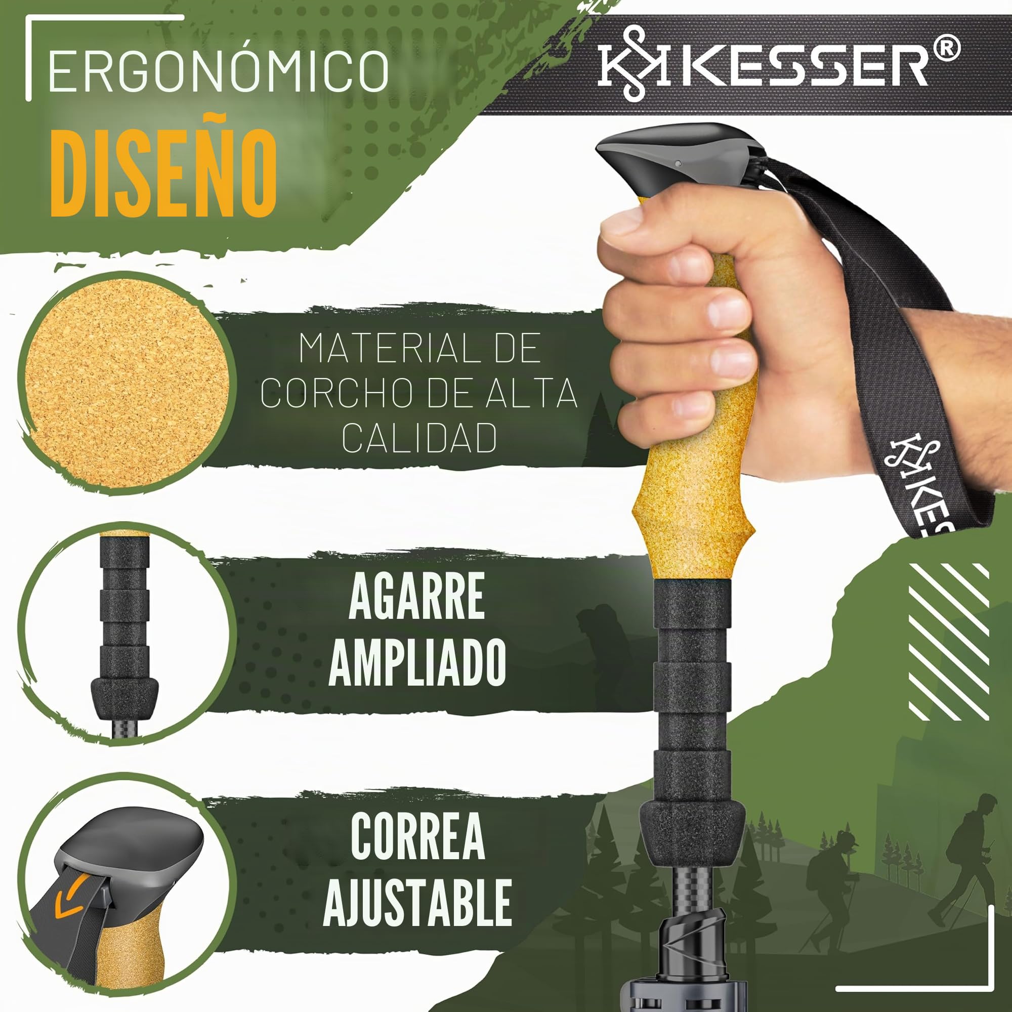 KESSER® Bastones de senderismo plegables/telescópicos, bastones de marcha nórdica para hombre y mujer, bastón de senderismo de aluminio/carbono con mango de corcho 105-120 cm, bastones de trekking