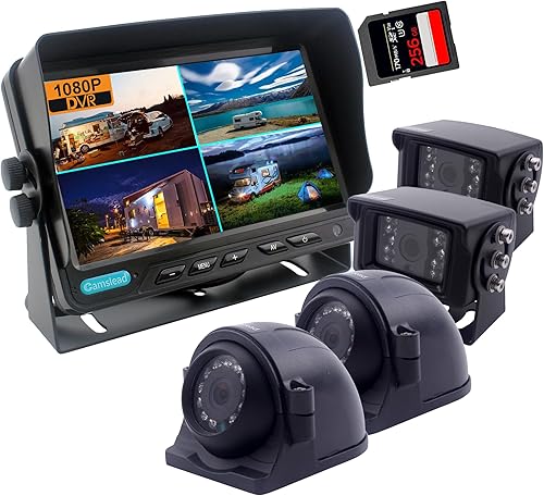 Sistema de cámara de respaldo 1080P con pantalla de 10 pulgadas con cable, grabadora DVR, pantalla dividida cuádruple, monitor de automóvil + 2