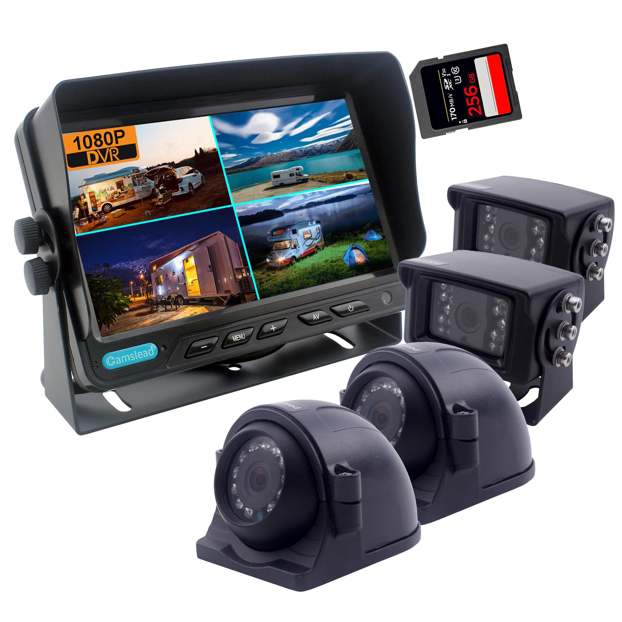 CAMSLEAD 10 inch Screen 1080P Backup Camera System, Built-in DVR Recorder, Quad Split Screen, Car Monitor + 2X Waterproof Reversing Cameras + 2X Safety Sides Camera, for Camper, Trailers, Truck, RV