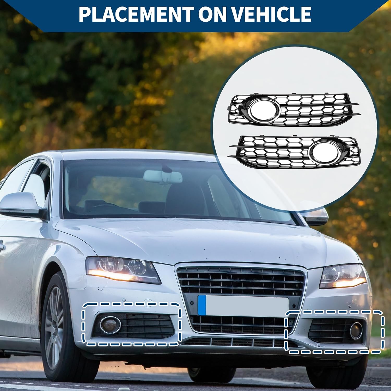 No.8P0807682K/8P0807681AF Fog Light Grill for Audi A3 2009-2012 Front Left Right Front Lower Bumper Fog Light Cover Inserts ABS 1 Pair Black Silver Tone
