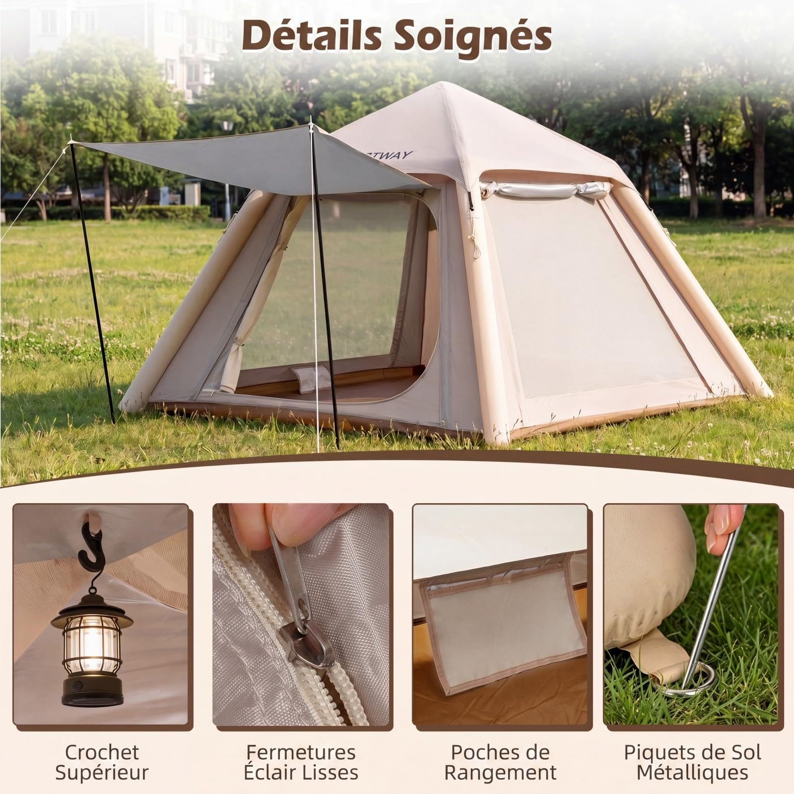 COSTWAY Tente de Camping Gonflable pour 2-4 Personnes, Grande Tente Portable avec Pompe Portes Fenêtres Filet Toit Amovible UPF50+ Étanche, Montage Rapide pour Camping Voyage Randonnée