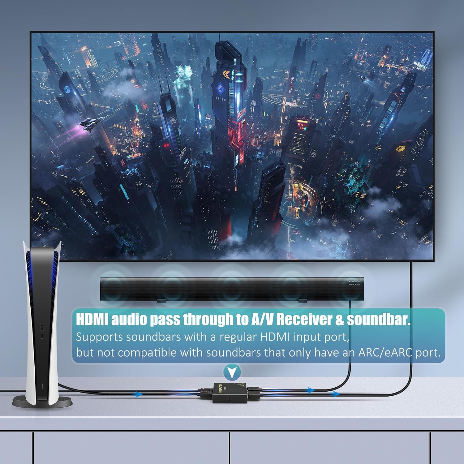 HDMI Splitter 1 in 2 Out 60Hz - HDCP Bypass 2.3, HDR, Dolby/DTS 5.1/7.1 - Compatible with Firestick 4k Max, PS3/PS5 & Elgato HD60s/x/Pro, Apple TV 4K, Retrotink, Roku Stick, NOT for Phone