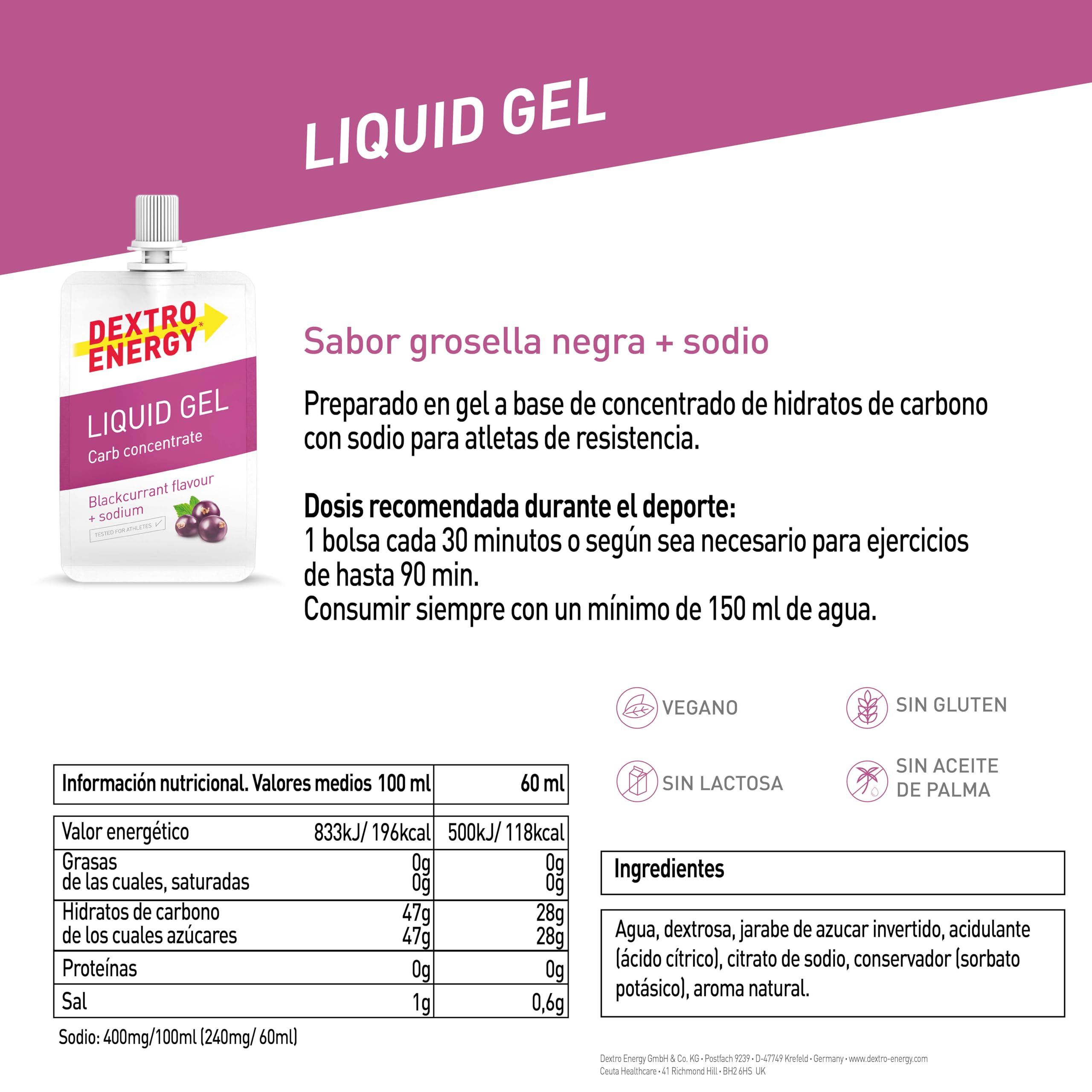 Dextro Energy Liquid Gel Blackcurrant + Sodio - 18x60 ml (Pack de 18) | High Carb Energy Gel para aporte rápido de carbohidratos + 240 mg de sodio