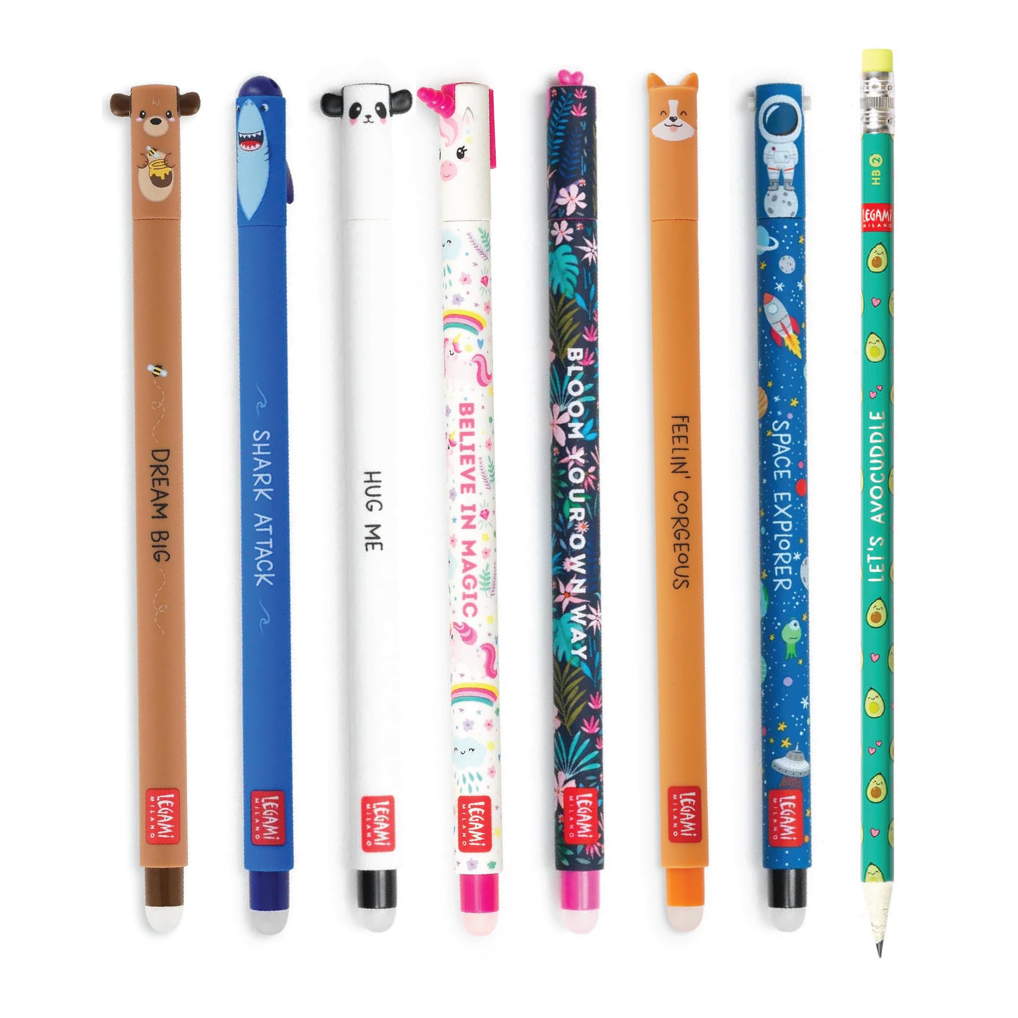 Legami - Juego de 7 bolígrafos de gel borrables Legami, bonitos bolígrafos Kawaii para la escuela, la oficina