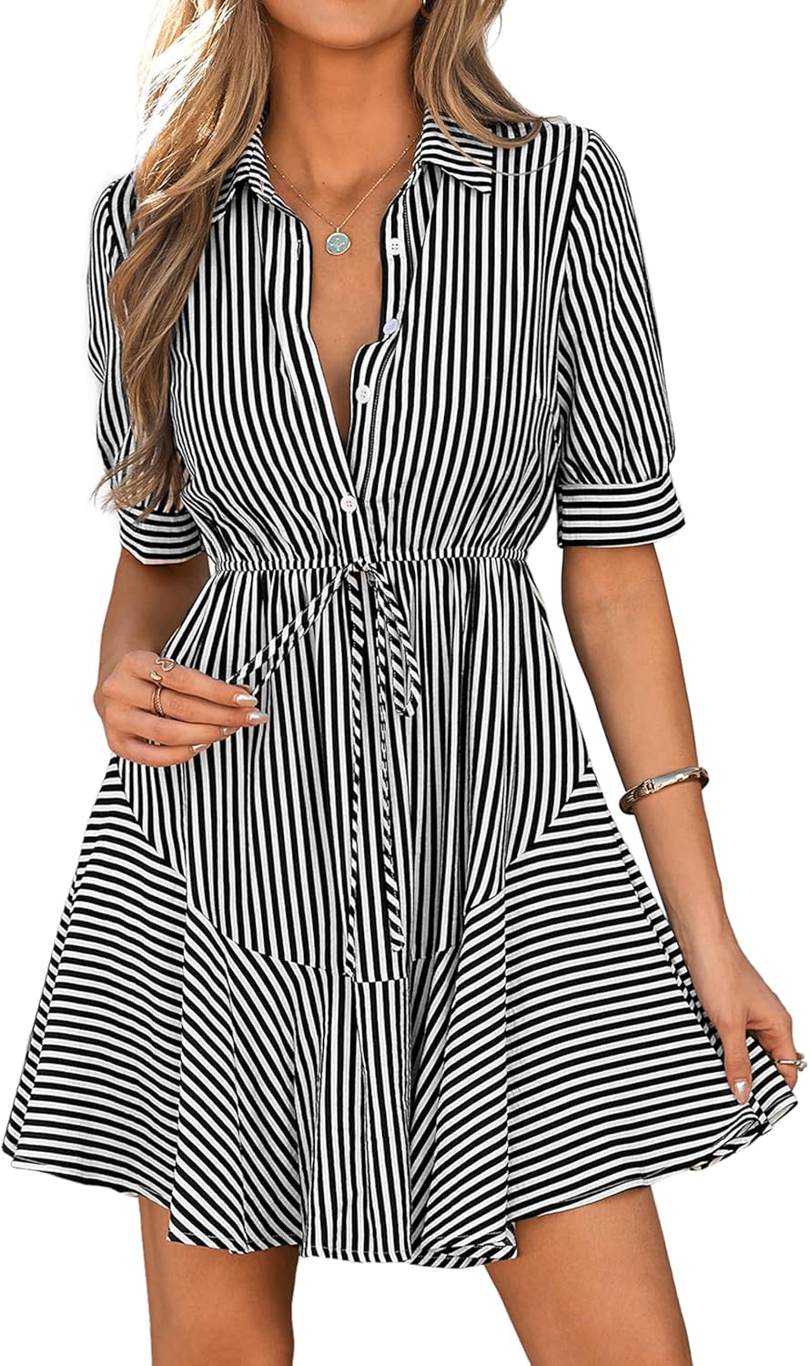 MASCOMODA Womens Puff Short Sleeve Striped Mini Summer Dress Spring Casual V Neck Button Down A Line Short Work Shirt Dresses