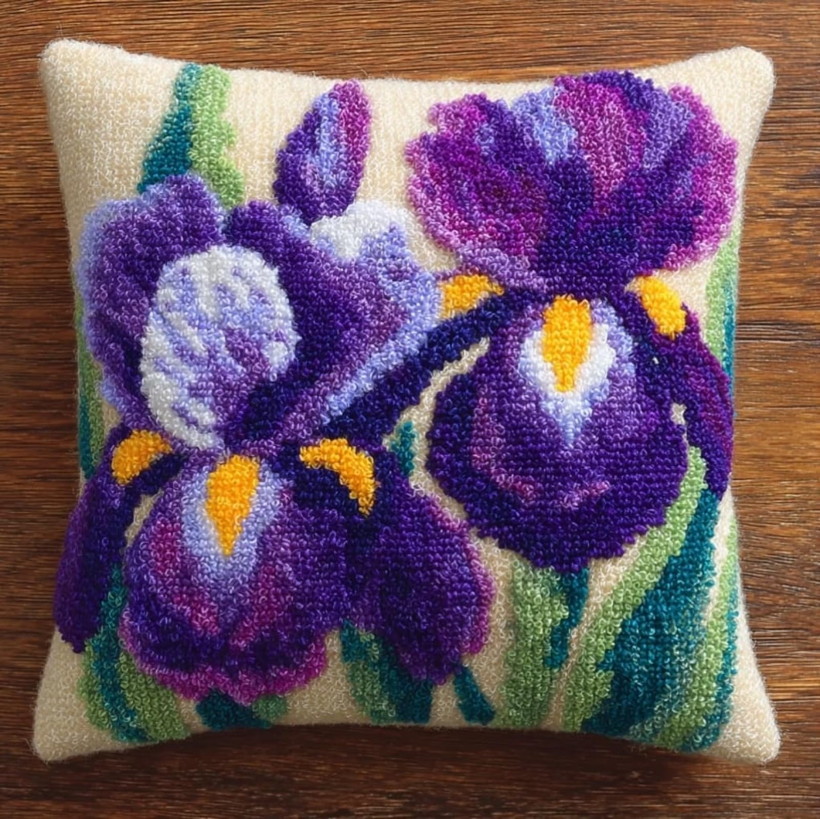 AxiangziK Latch Hook Pillow Making Kit 43x43cm,Beautiful iris Complete Set with Hook Tool & Instructions - Sofa Cushion Cover DIY Craft for Adults