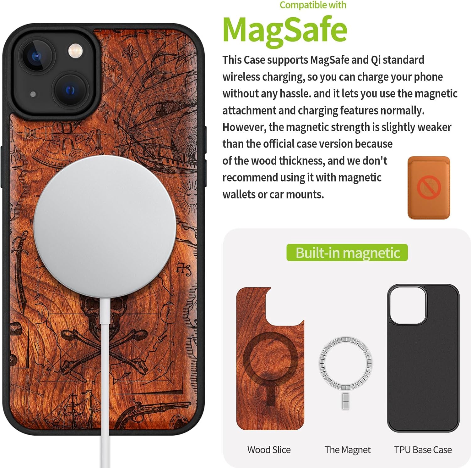 Carveit Magnetic Wooden Case for iPhone 15 Plus Case, Compatible with MagSafe Wireless Chargers, Black Soft TPU Shockproof Cover & Wood Artisan Engraved (Pirate Flag) - Rosy