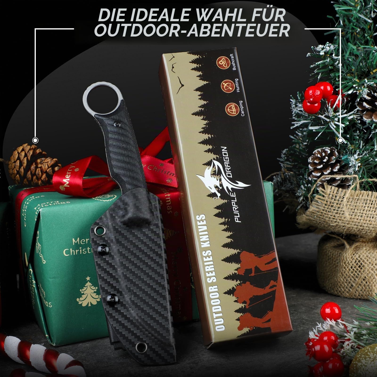 Purple Dragon Outdoor Survival Messer,D2 Stahl Klinge,Schwarz G10 Ringgriff