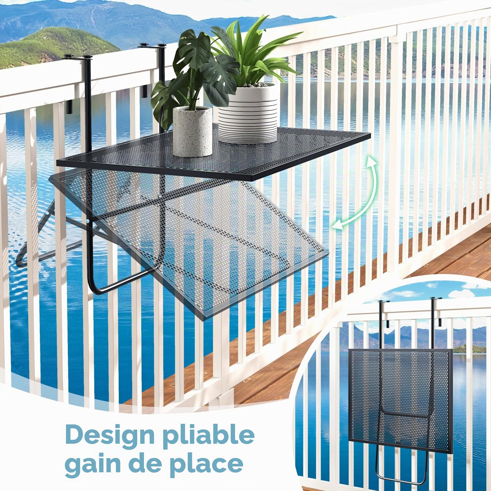 KOMFOTTEU Table Balcon Suspendue Pliable, Hauteur Fixe, Charge 23kg