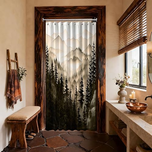 Miniatura 82 de Cortina de ducha azul marino de bosque Cortina de ducha azul oscuro de montaña y naturaleza para decoración de baño de hombres, tela impermeable con