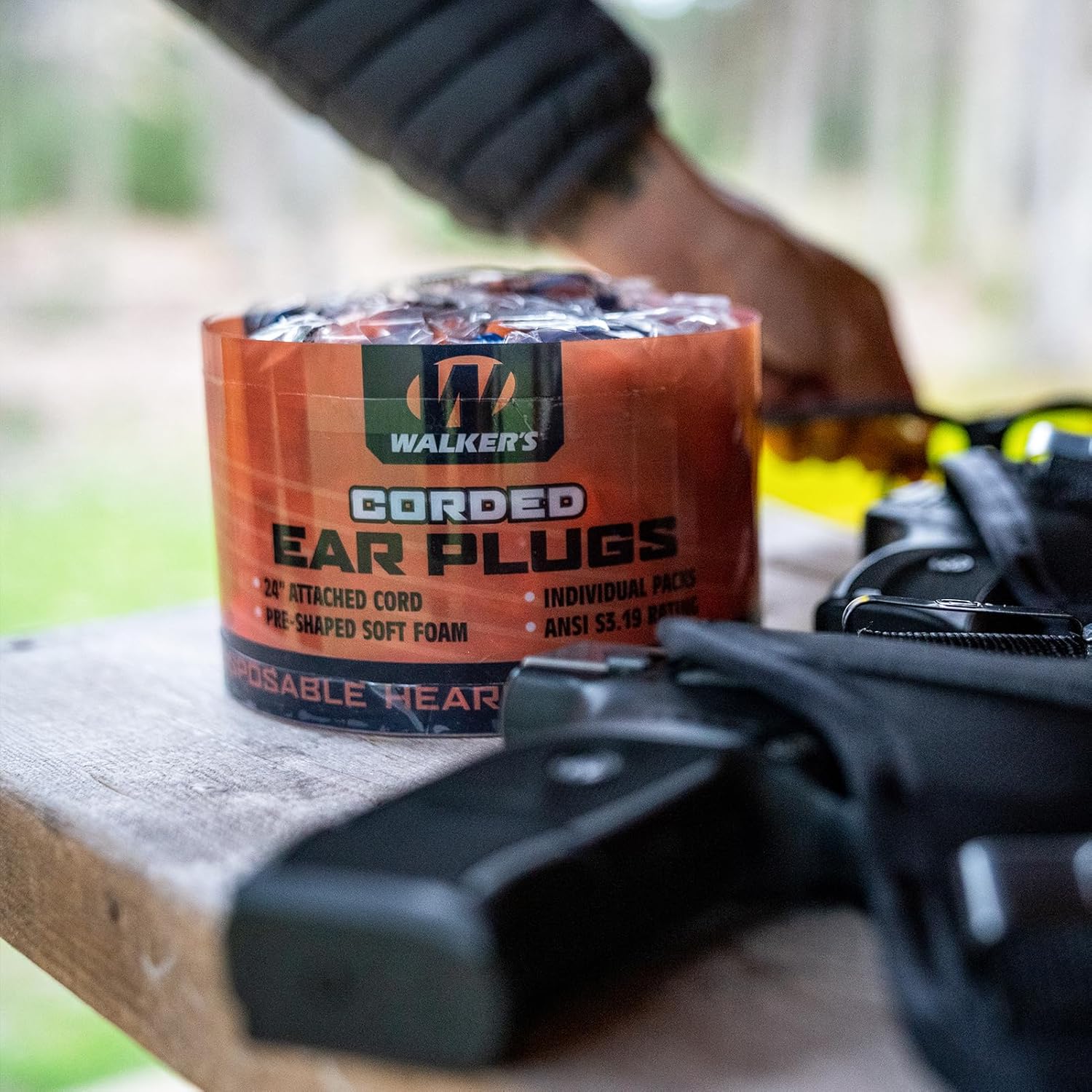 Walker's Corded Foam Earplugs 50 Pair Jar Dispenser Tub 32dB NRR Noise-Blocking ANSI S3.19 Hearing Protection Shooting Hunting Work Soft Comfortable 24" PVC Cord